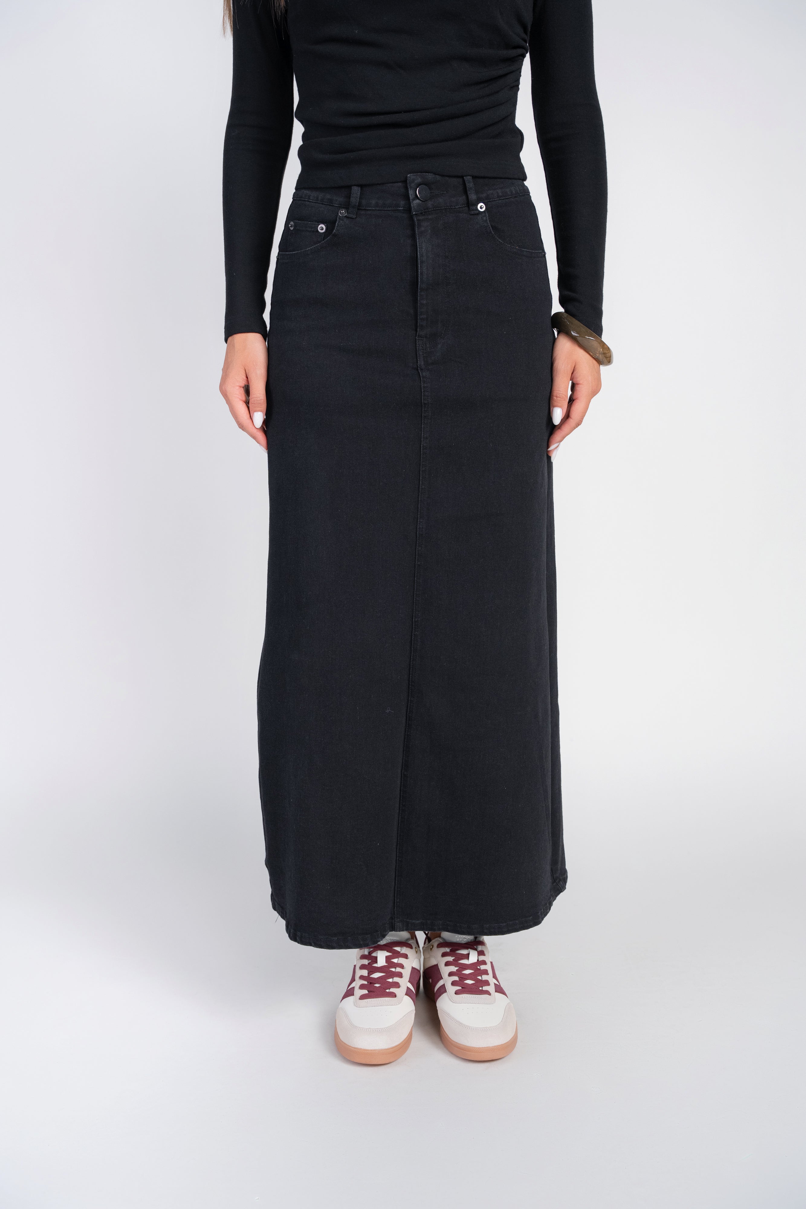 Black Denim Semi-Flare Skirt