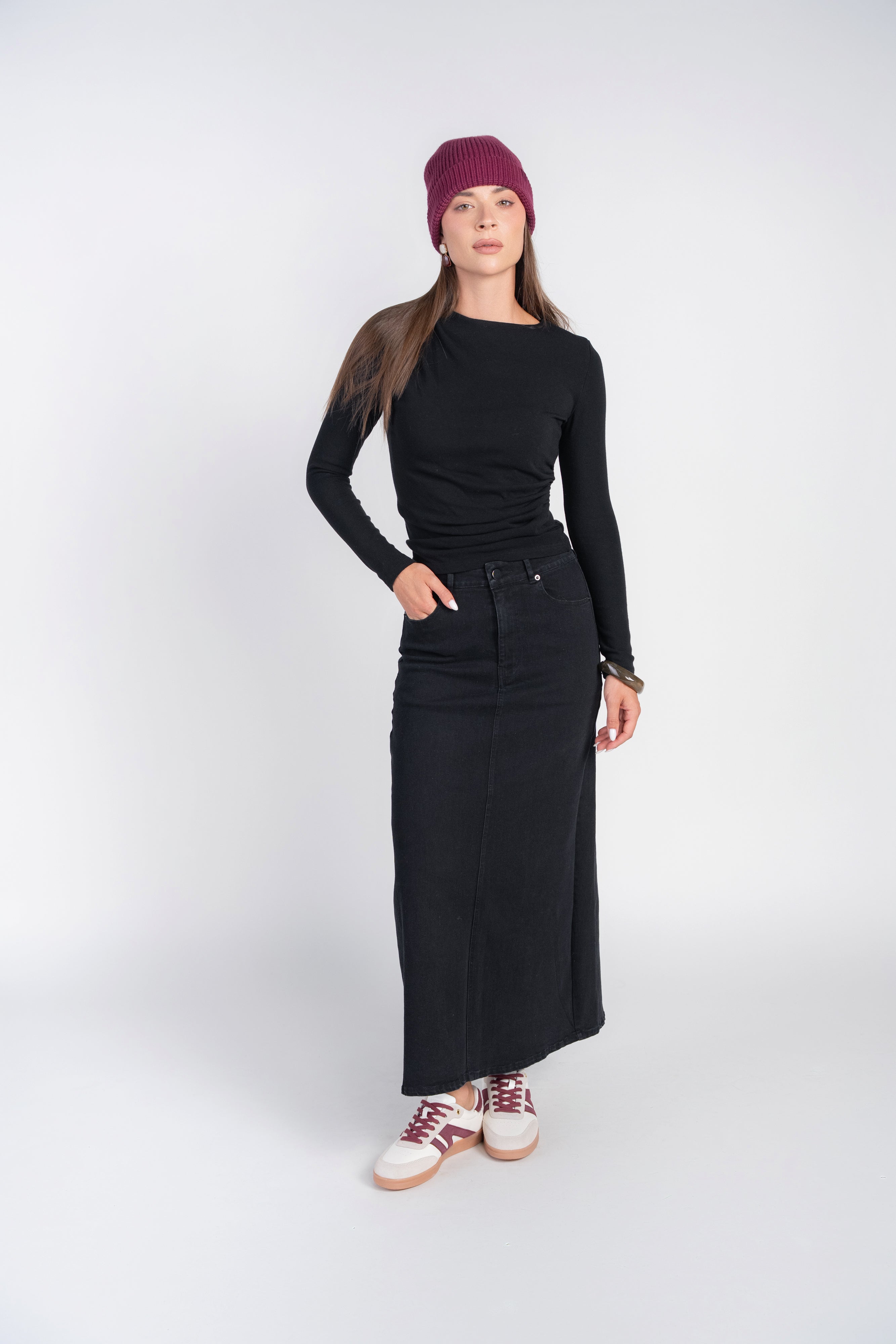 Black Denim Semi-Flare Skirt