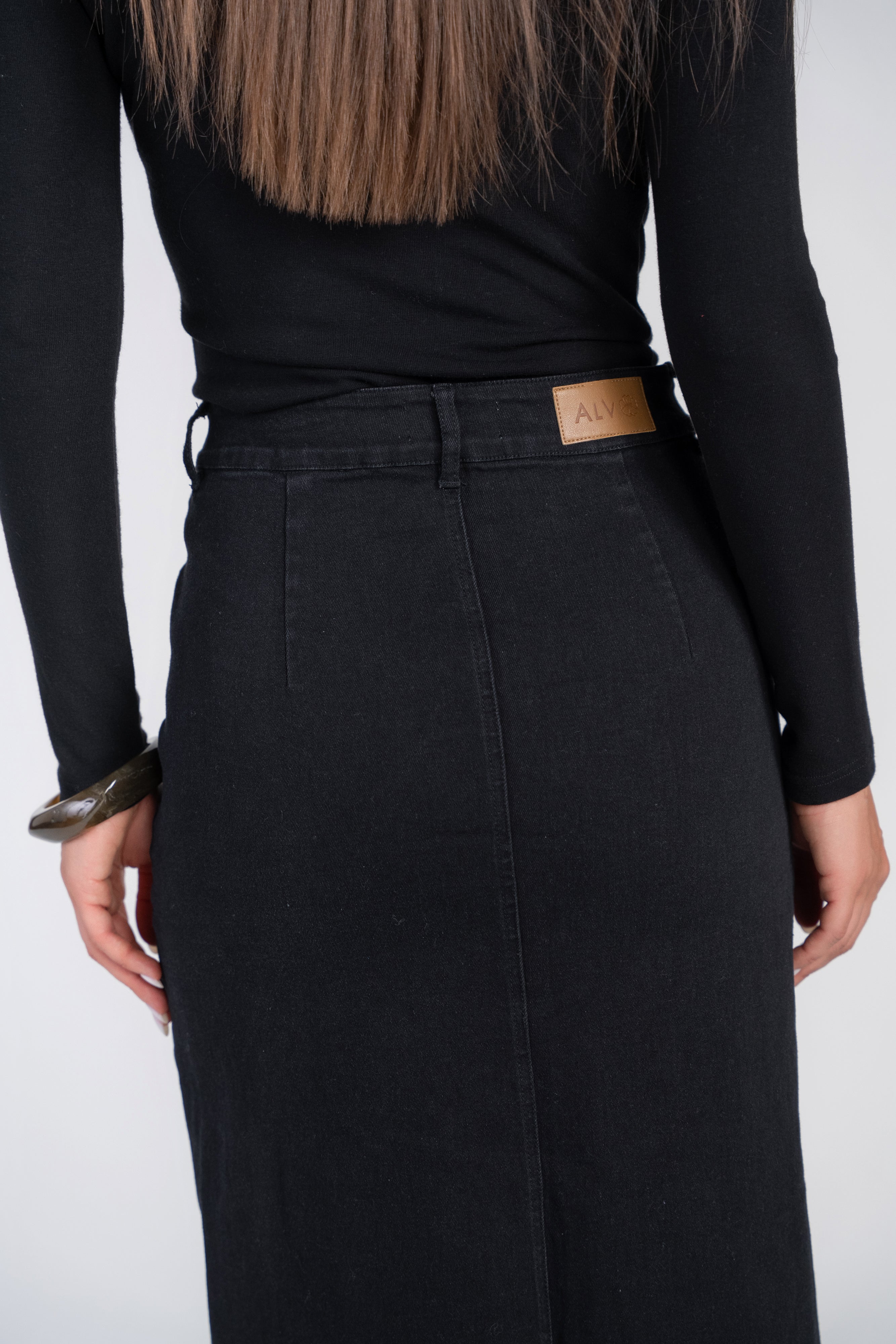 Black Denim Semi-Flare Skirt