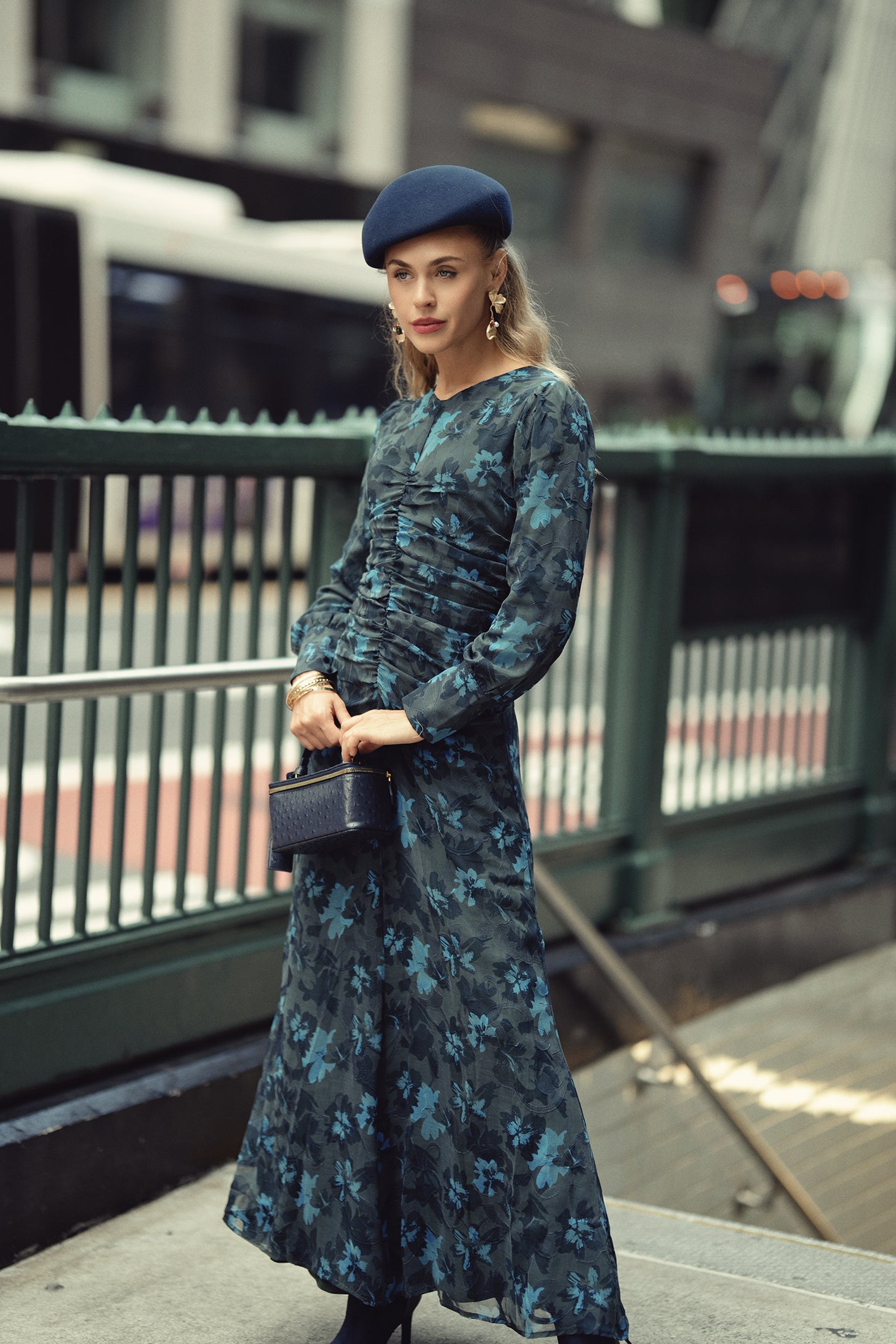 Michalie Midi- Teal Flowers on Hunter