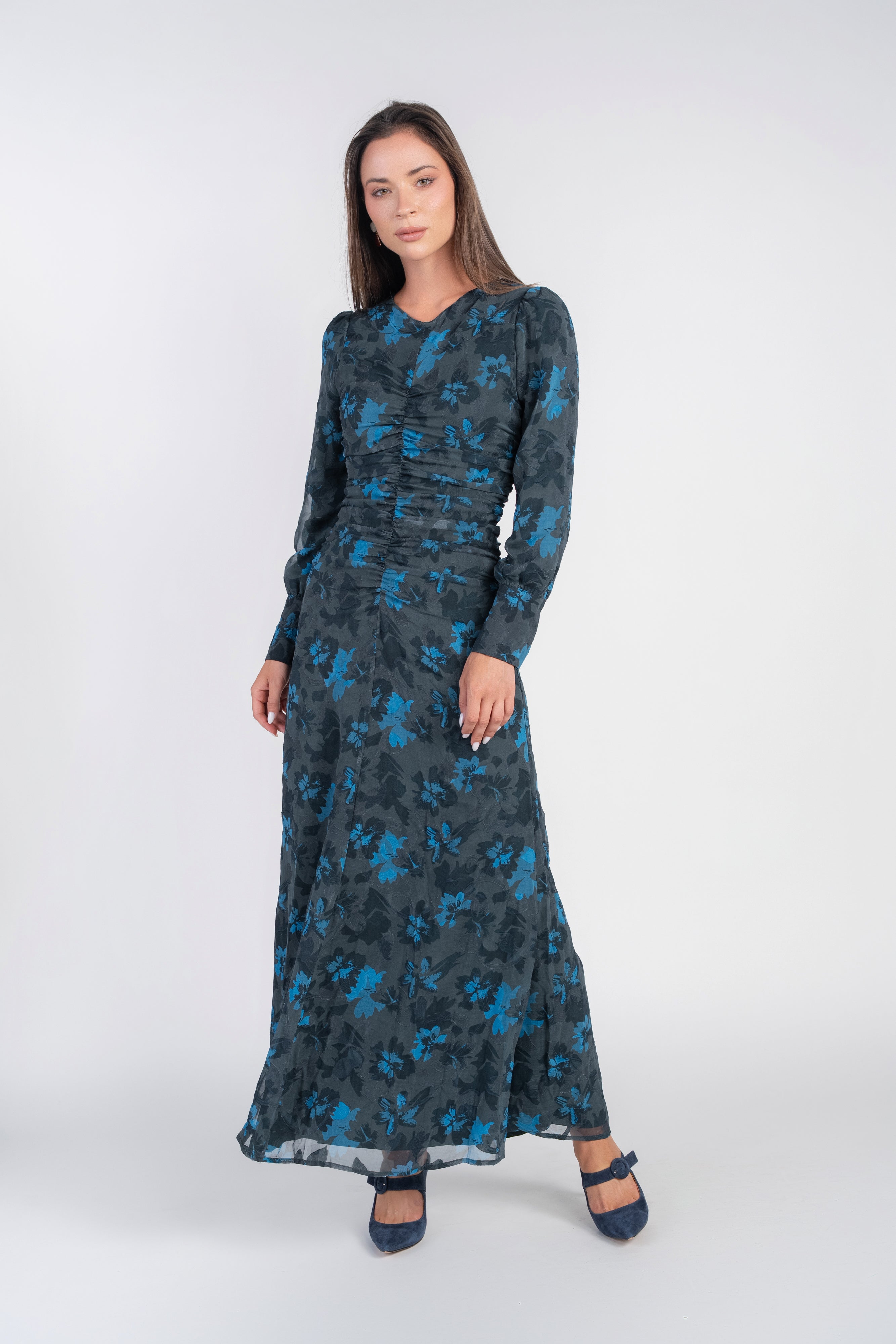 Michalie Midi- Teal Flowers on Hunter