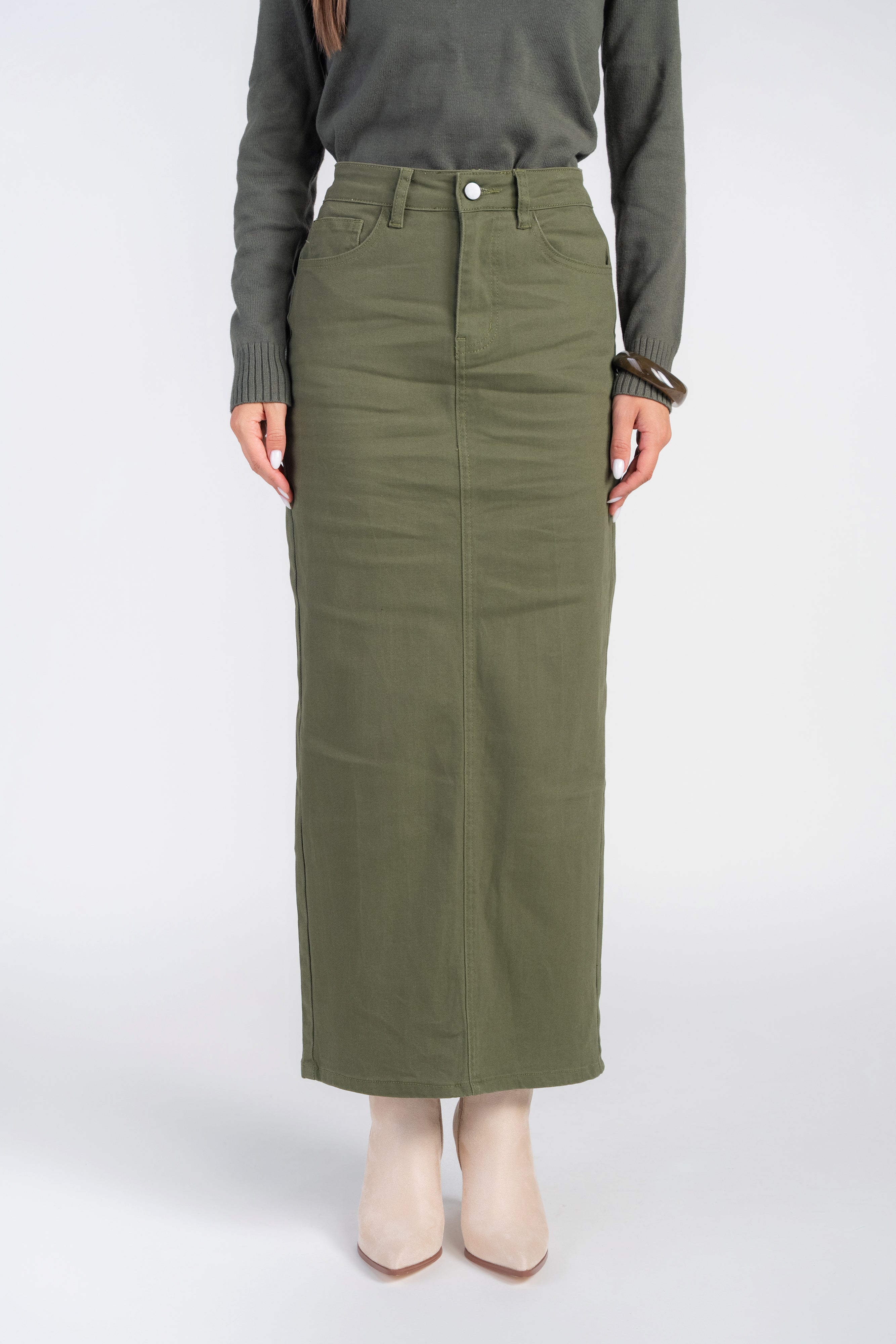 Straight Denim Skirt- Olive
