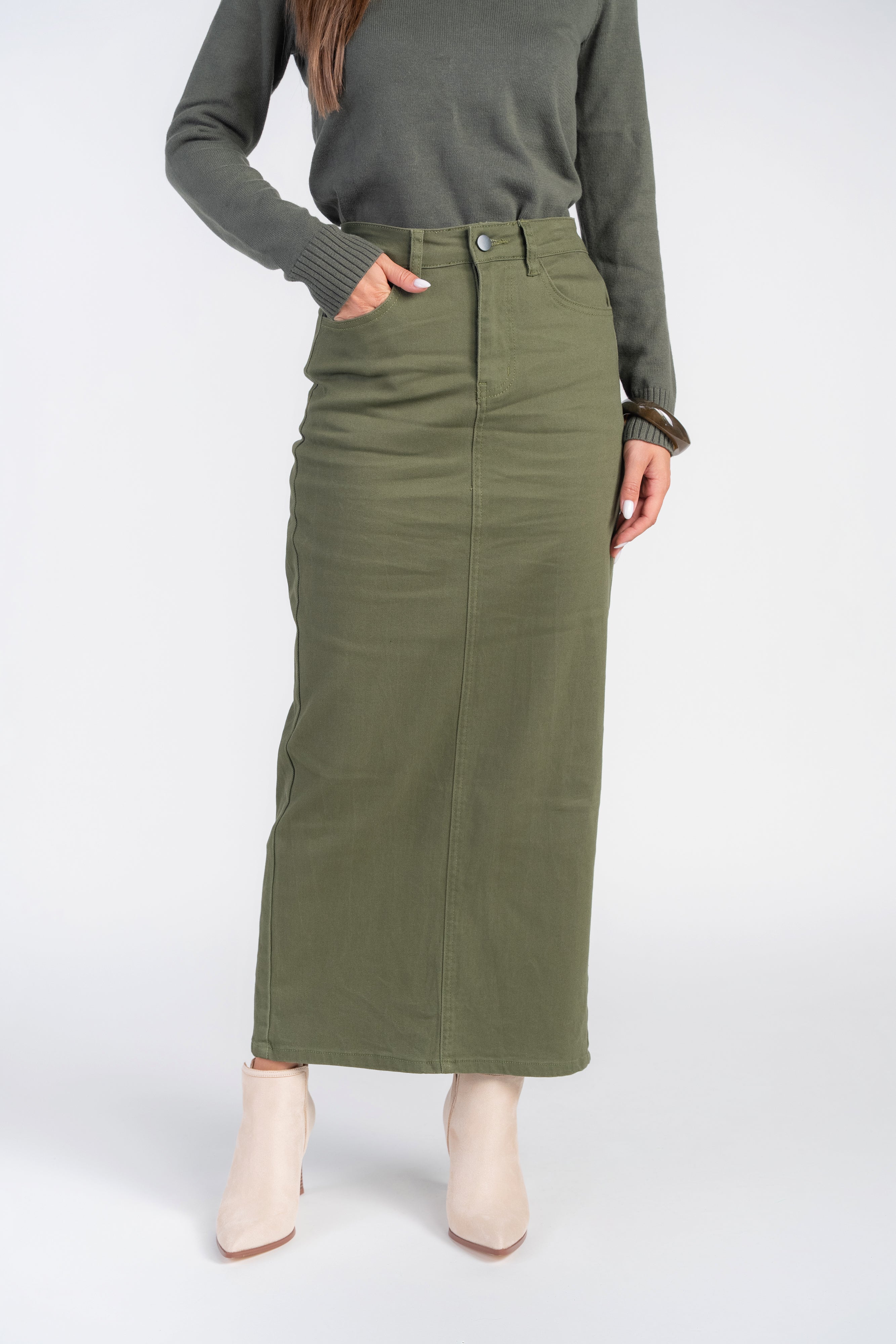 Straight Denim Skirt- Olive