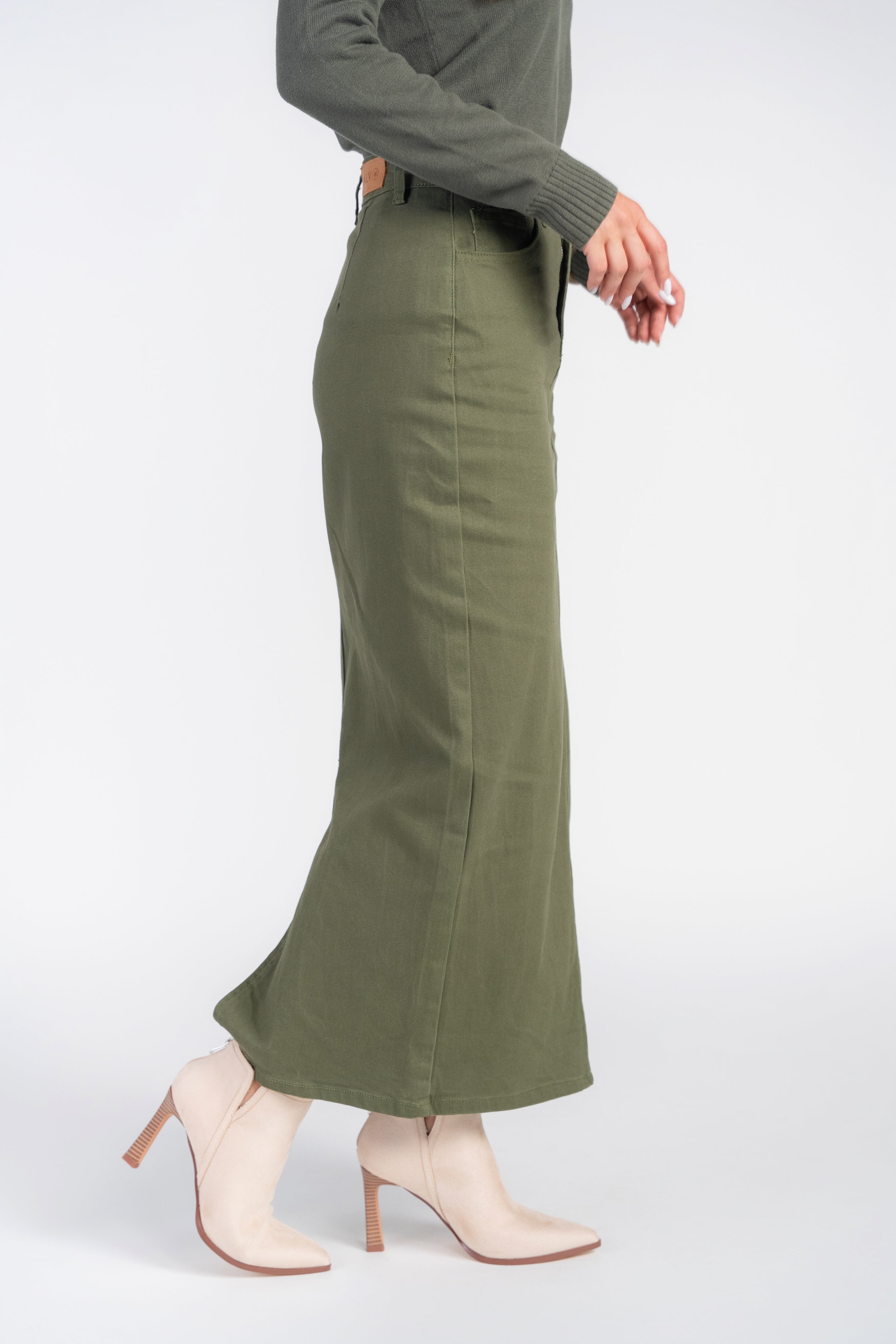 Straight Denim Skirt- Olive