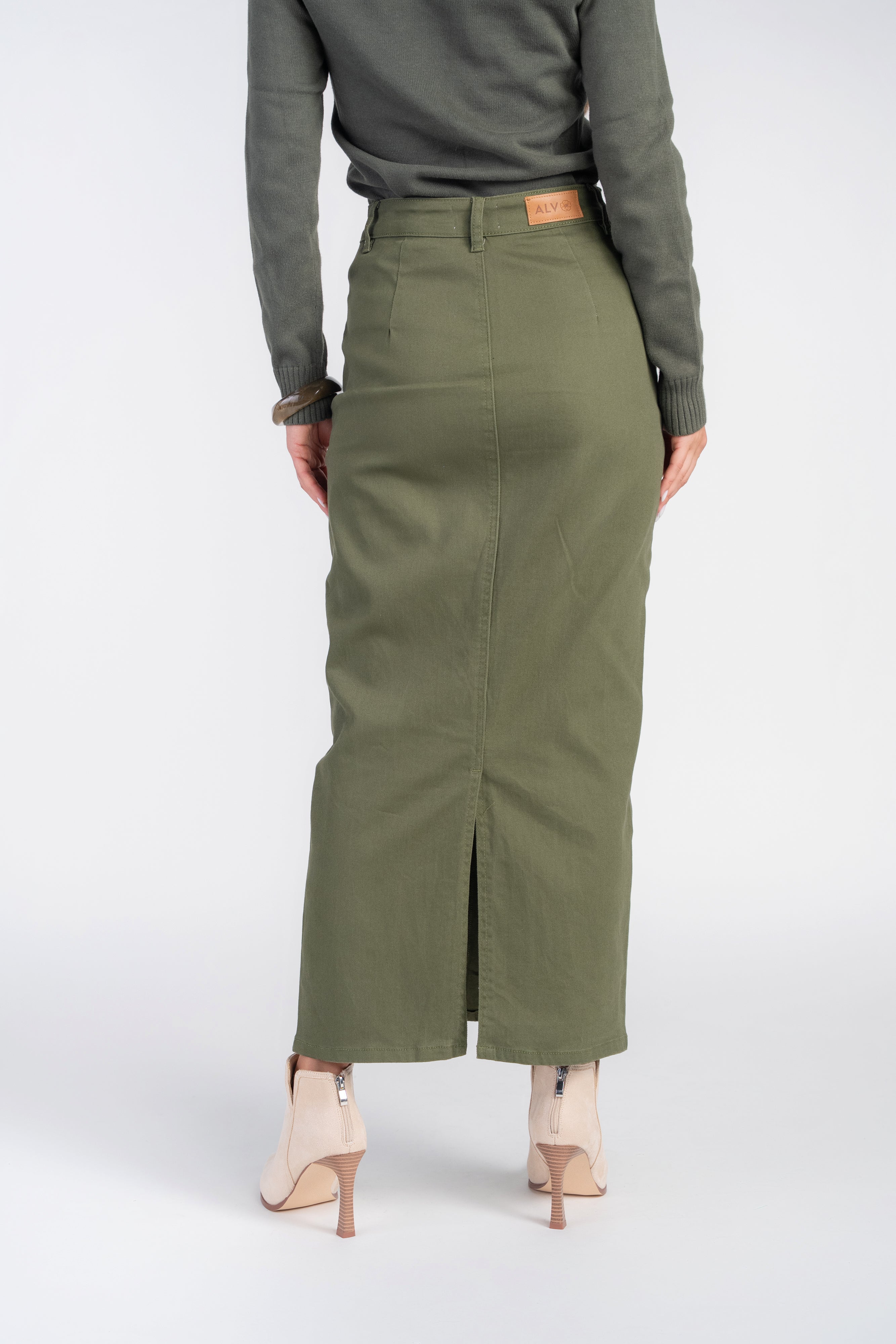 Straight Denim Skirt- Olive