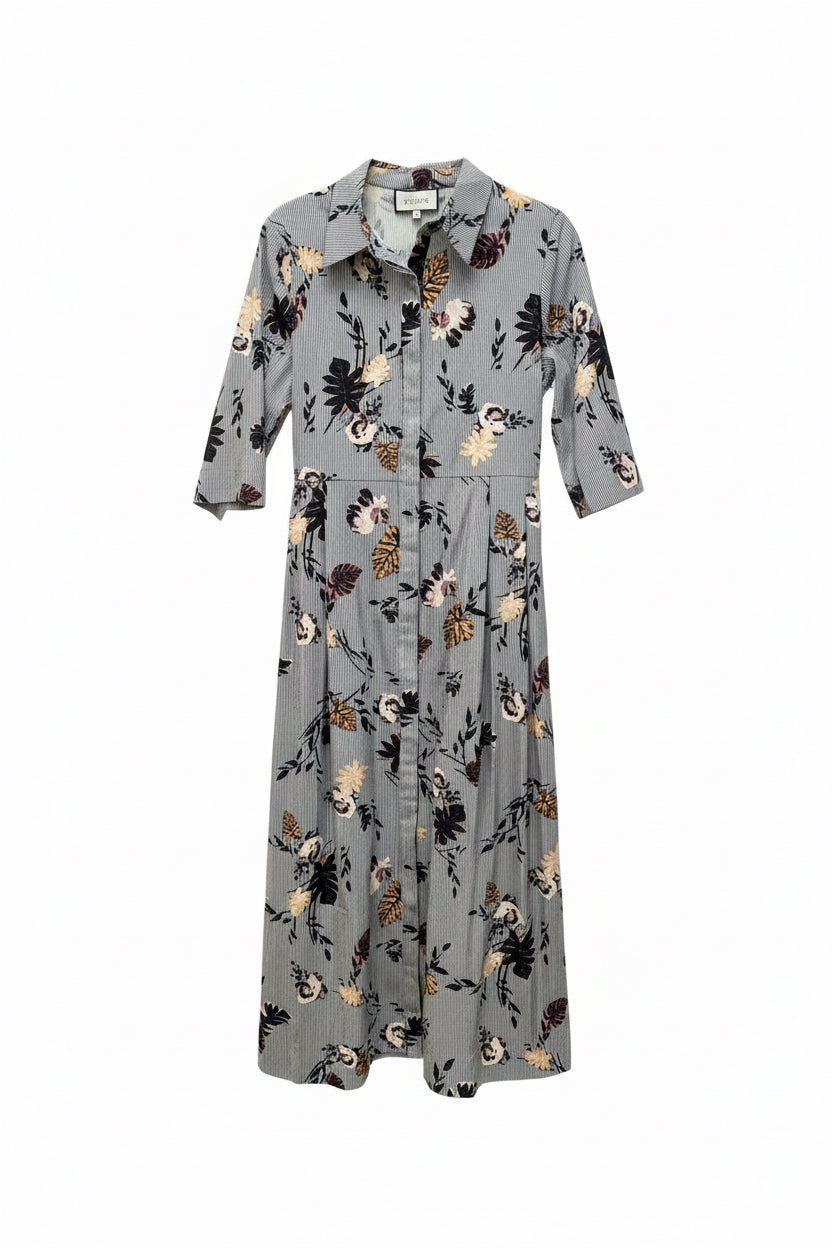 001BC4594 Grey White Stripe with Leaf Print Dress