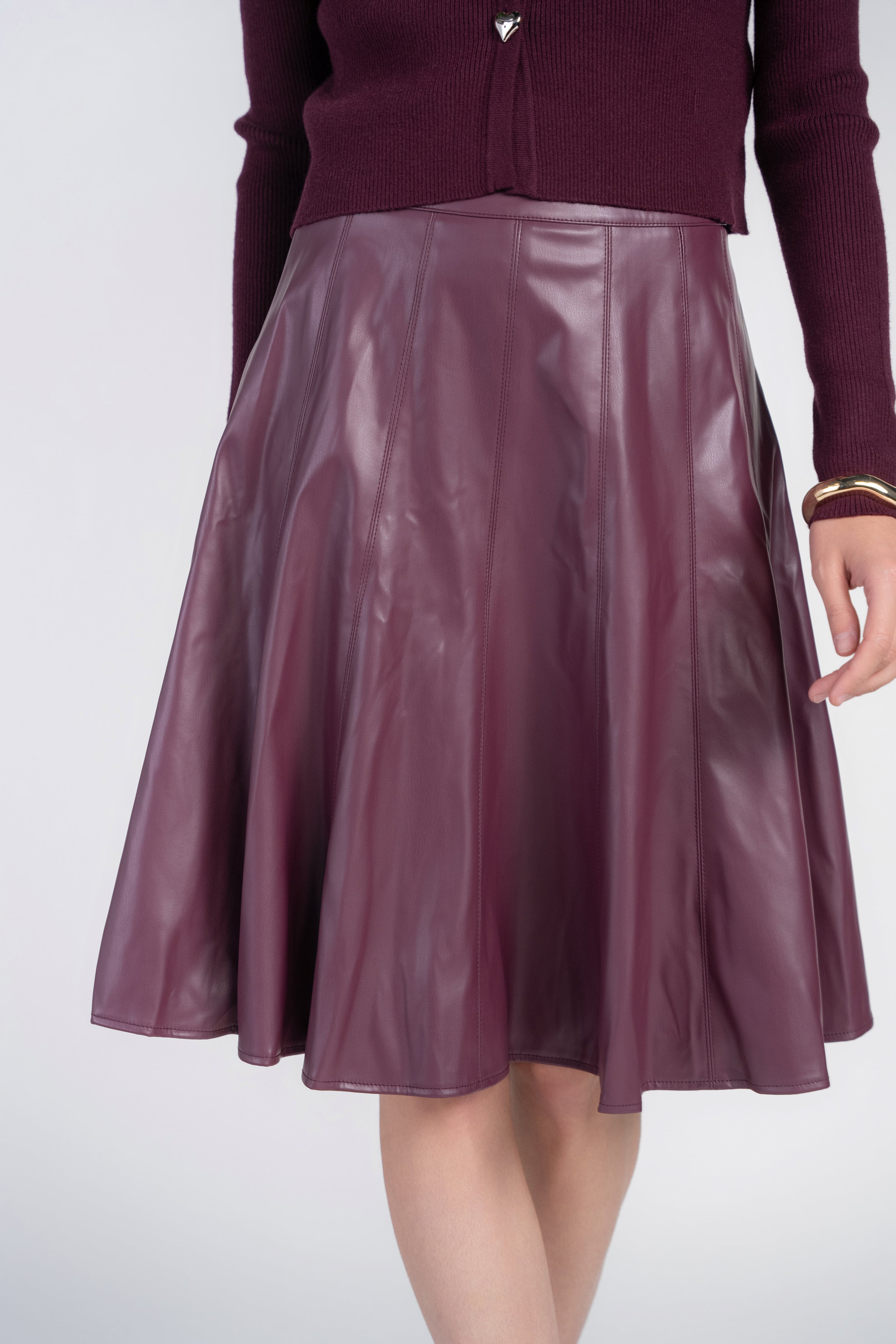 Paneled Flare Skirt- Leather Eggplant