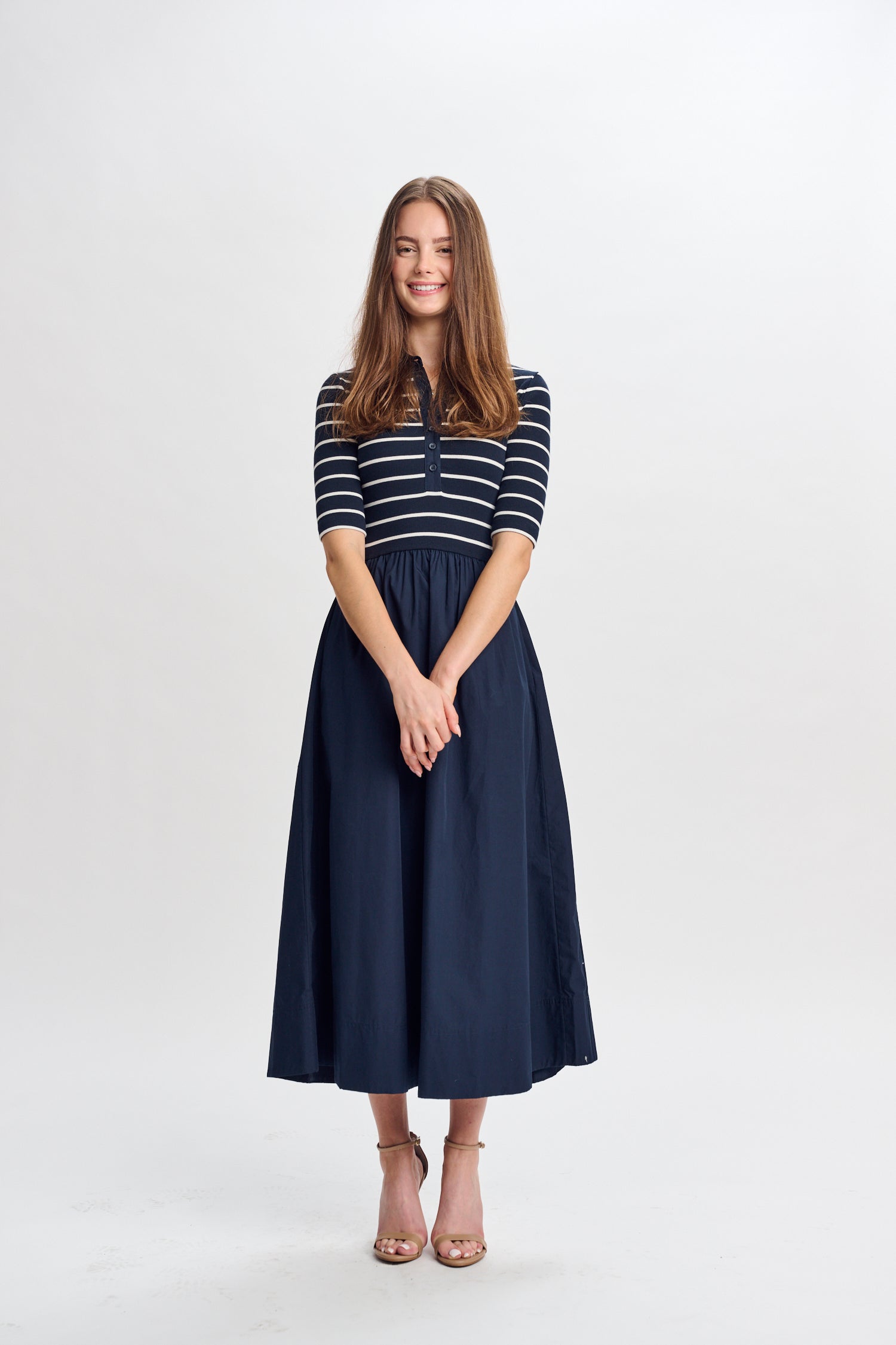 994897- navy cotton w white stipes collared dress