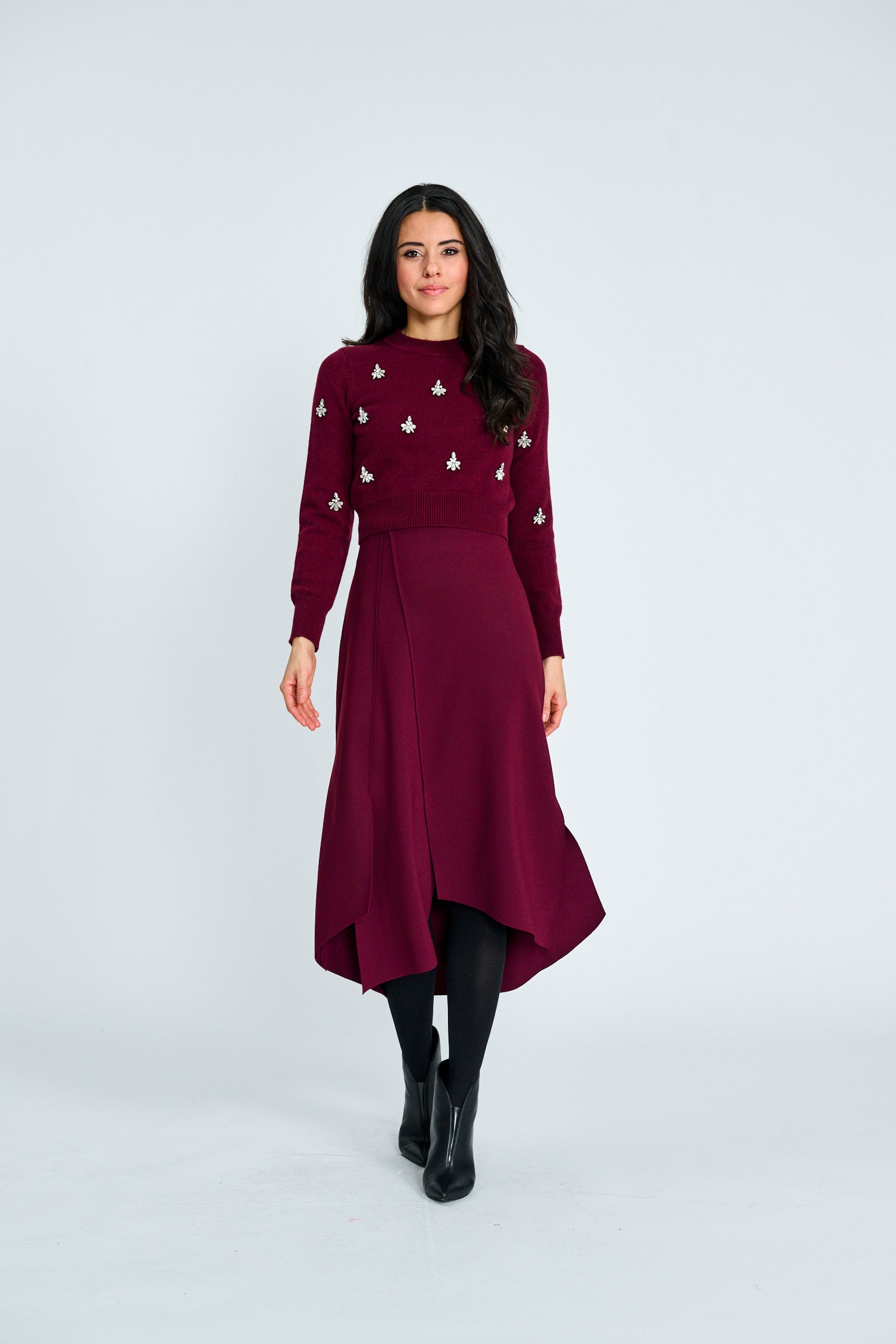 Burgundy Knit Top Jeweled - Burgundy