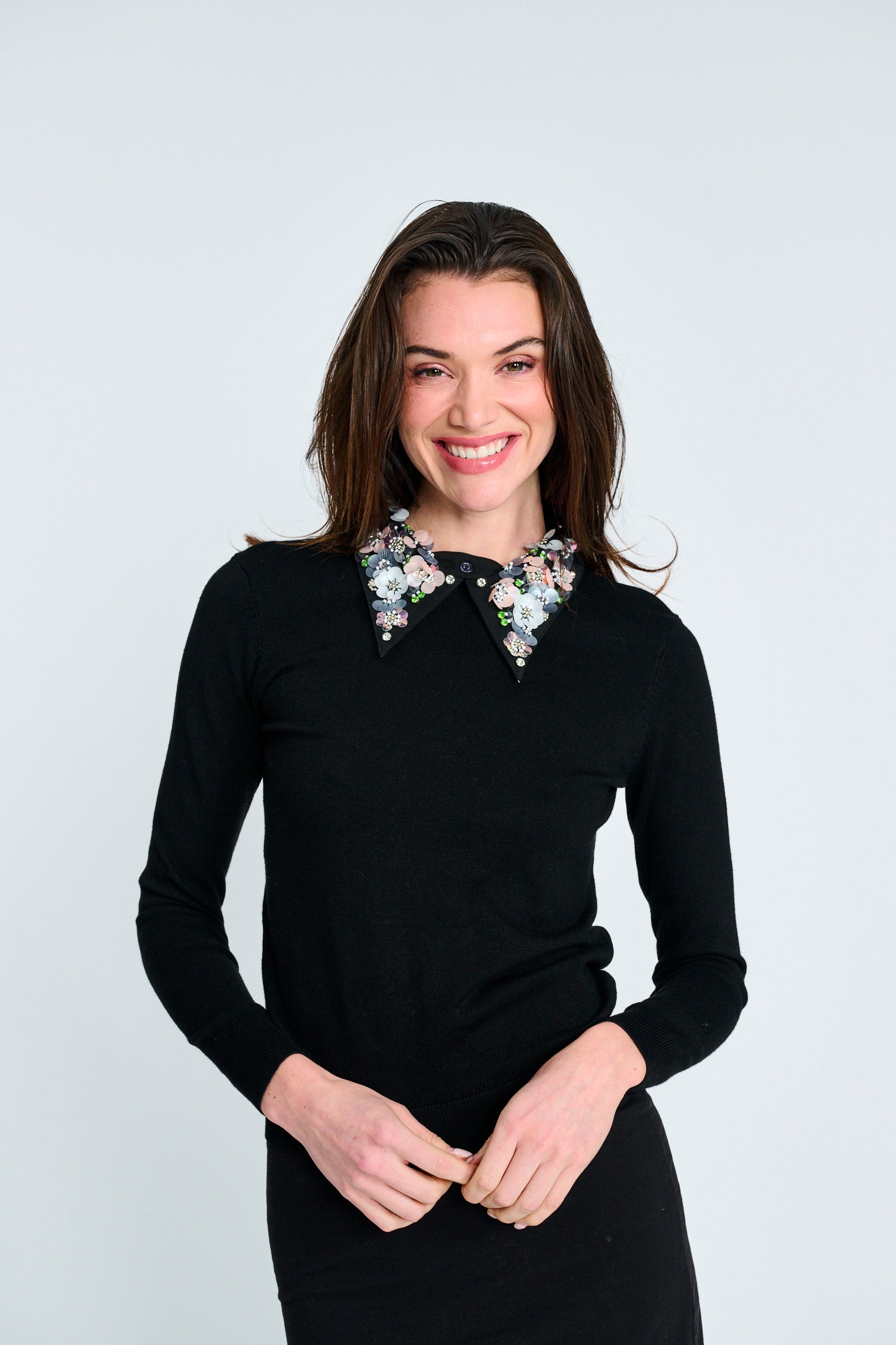 Black Knit Top Floral Beaded - Black