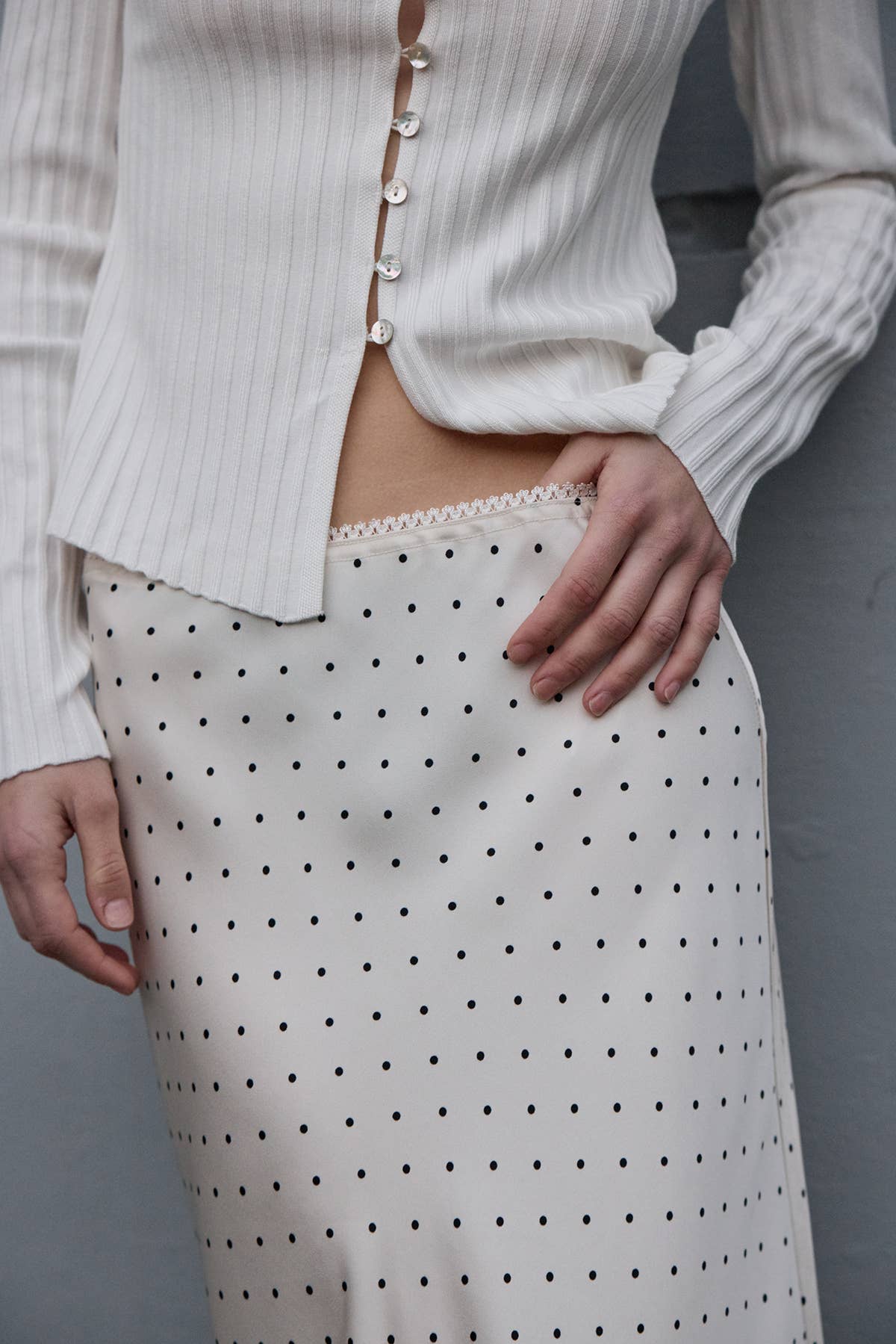 Polka Dot Satin Midi Skirt- Cream Dot