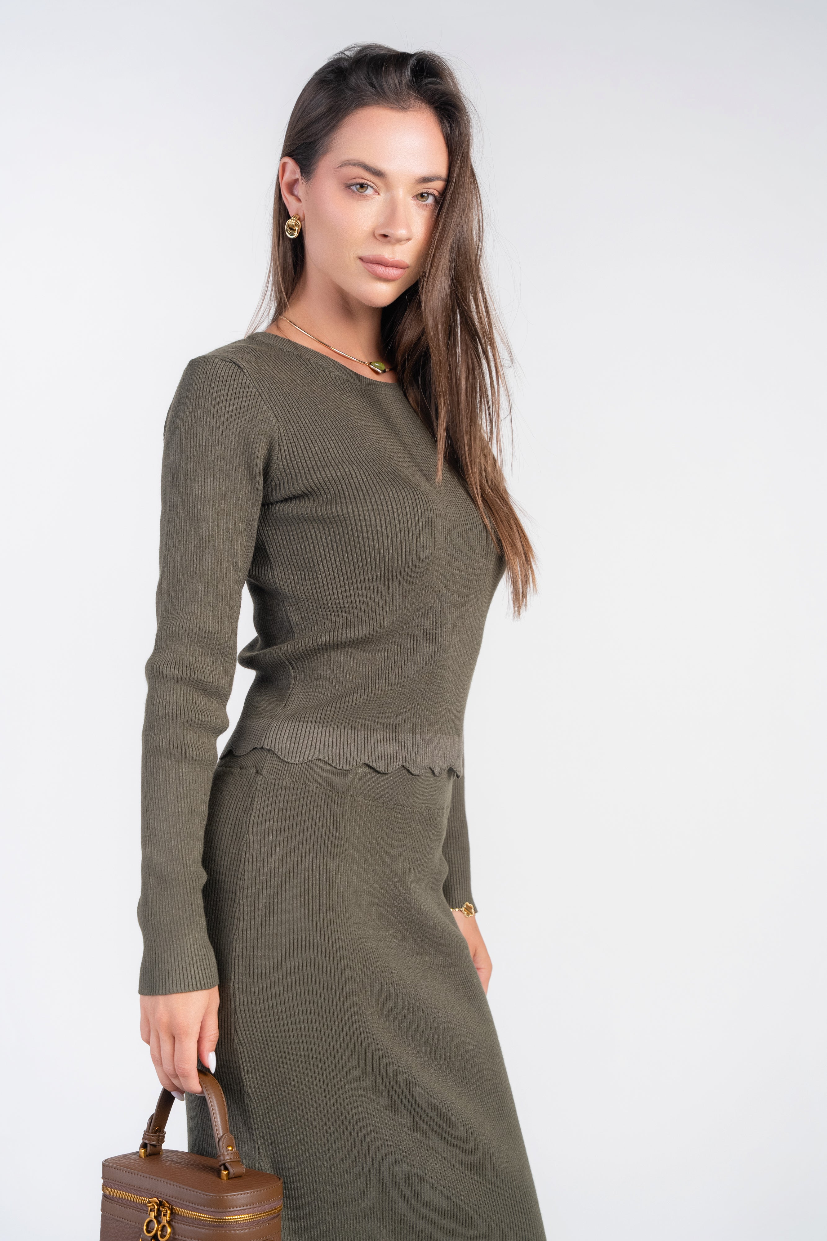 Scalloped Knit Top- Olive