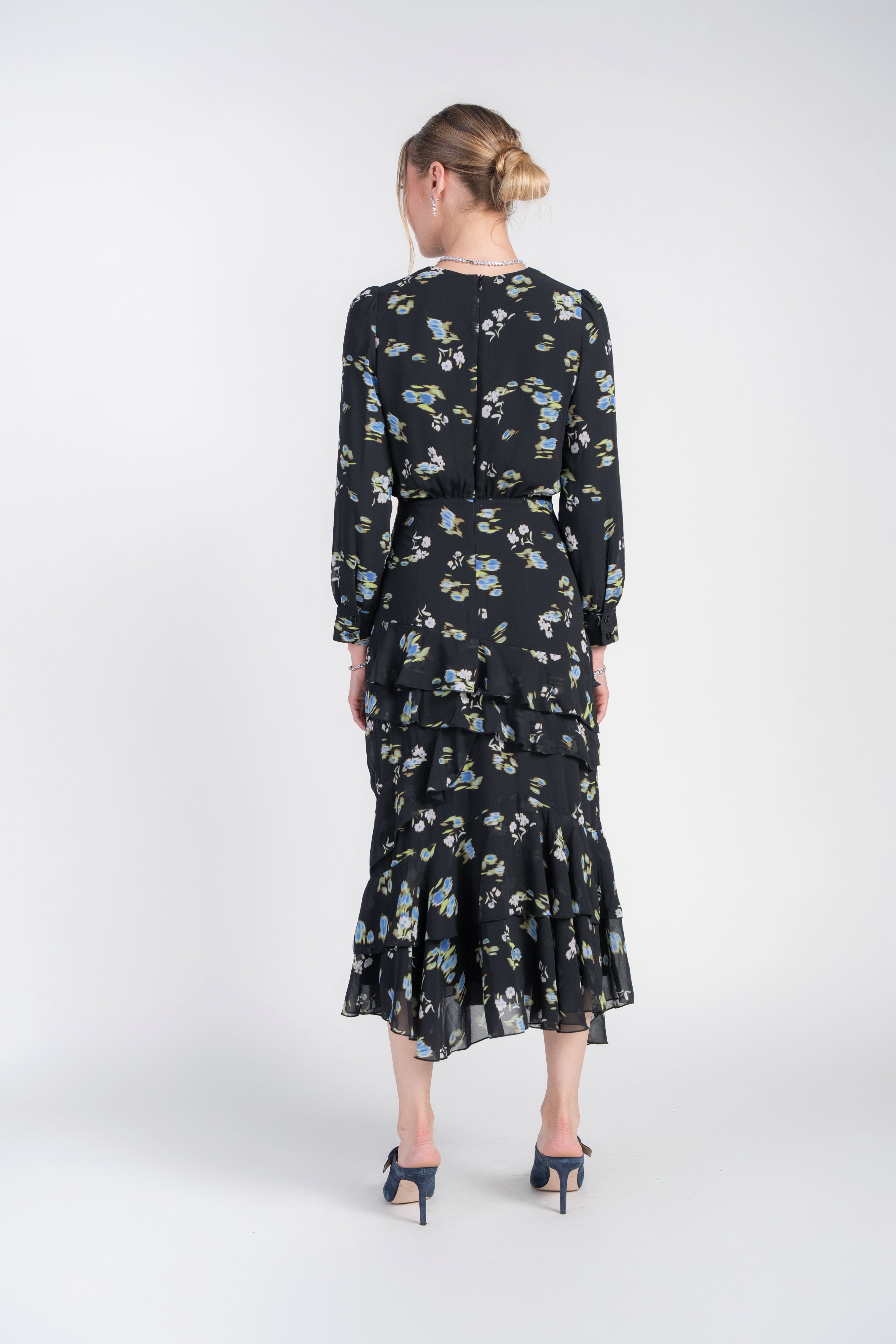 Esme Dress- Bright Flowers on Black Chiffon