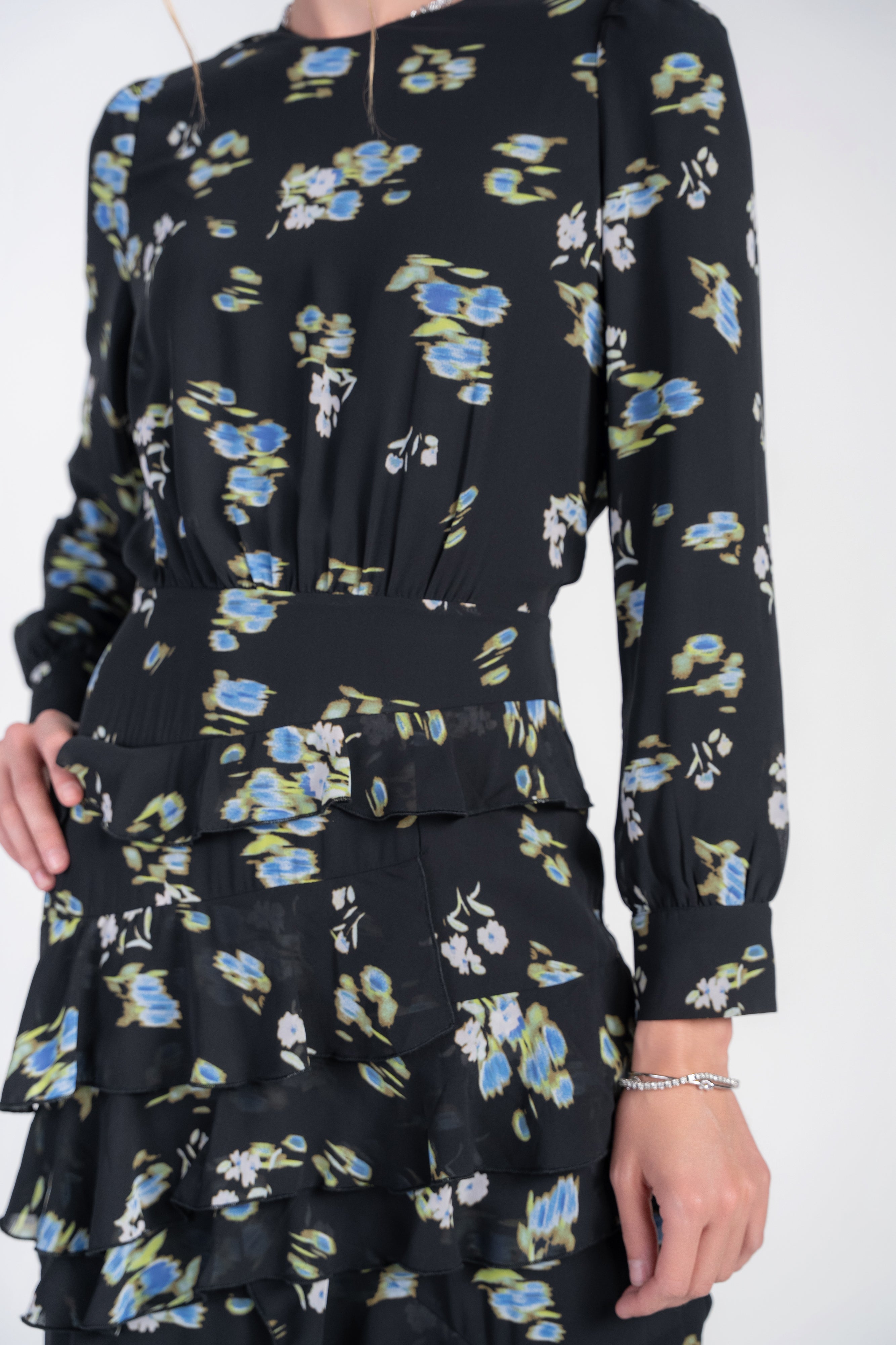 Esme Dress- Bright Flowers on Black Chiffon
