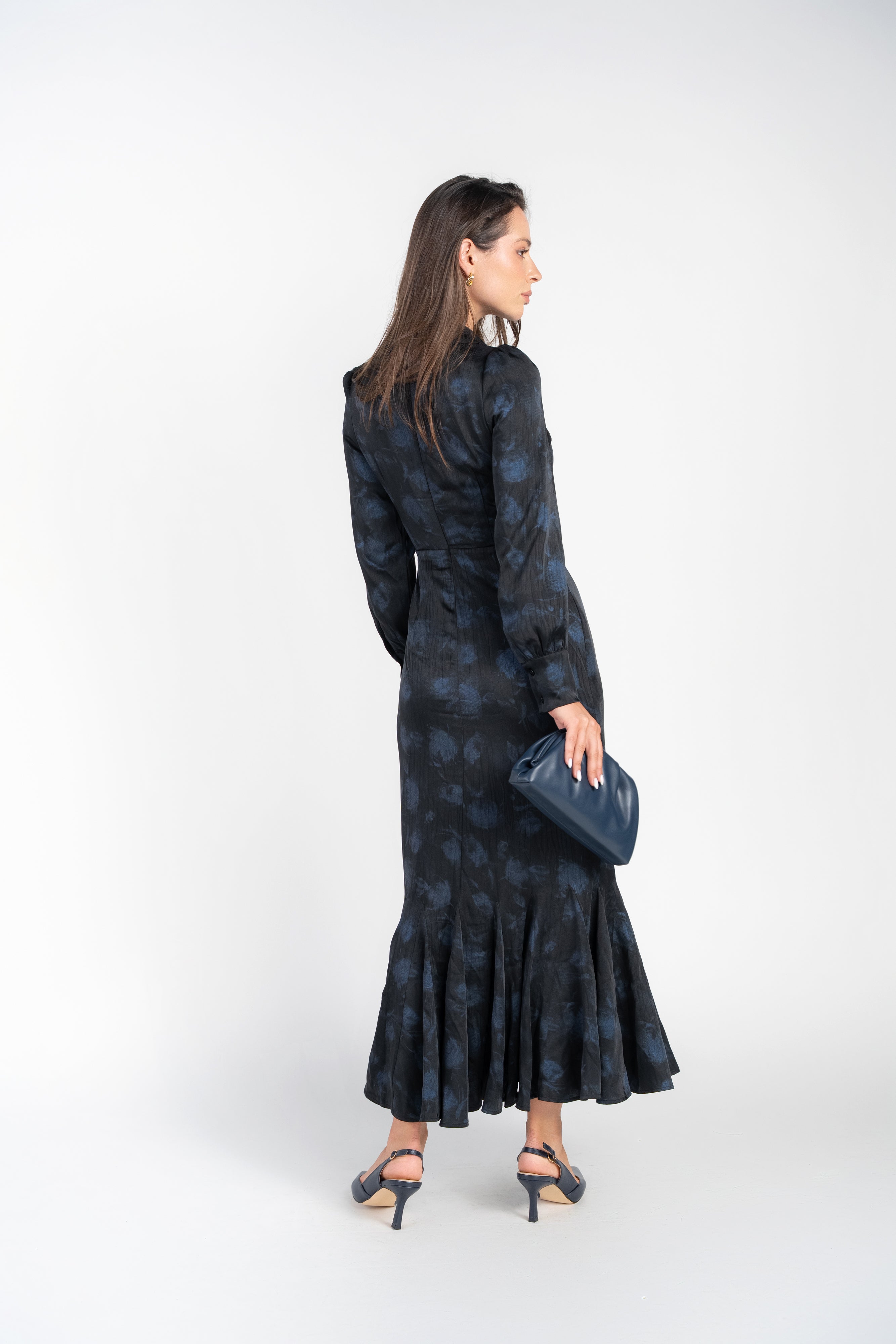 Bianca Dress- Navy Blur Roses on Black