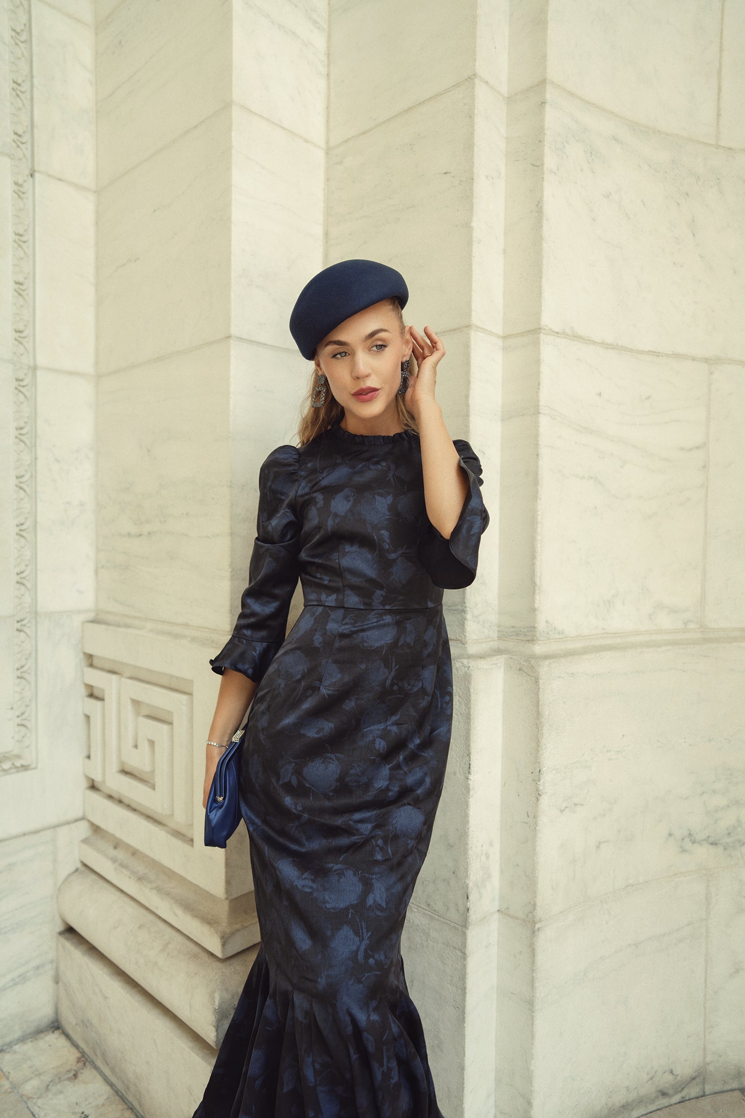 Shiri Dress- Navy Blur Roses on Black