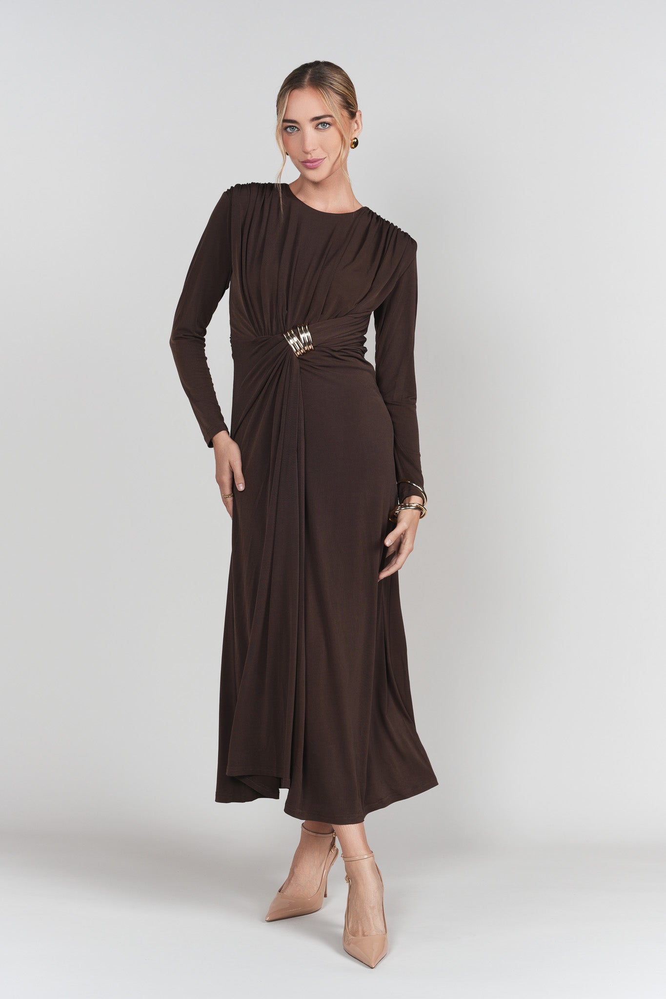 Draped Front Dress- Brown