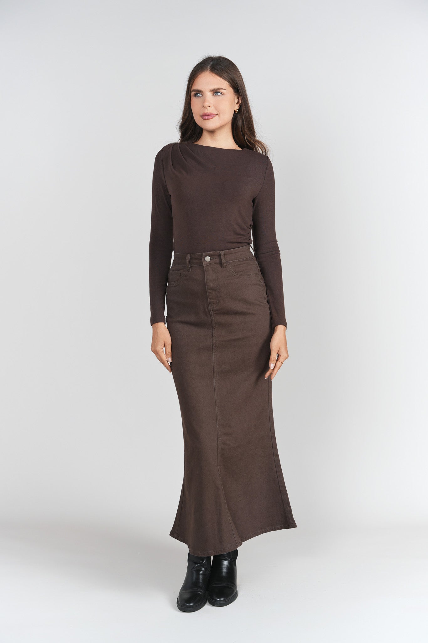 Mermaid Denim Maxi Skirt- Brown