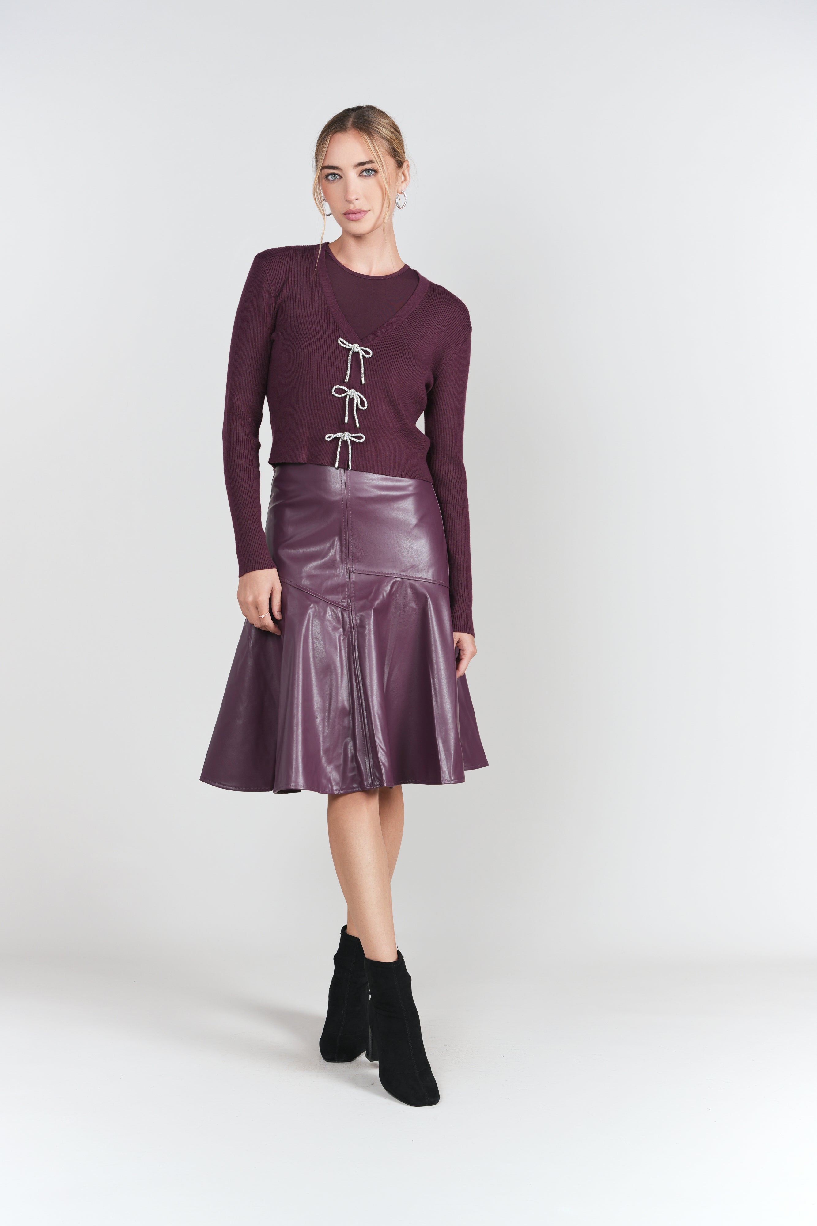 Drop Hem Leather Skirt- Eggplant