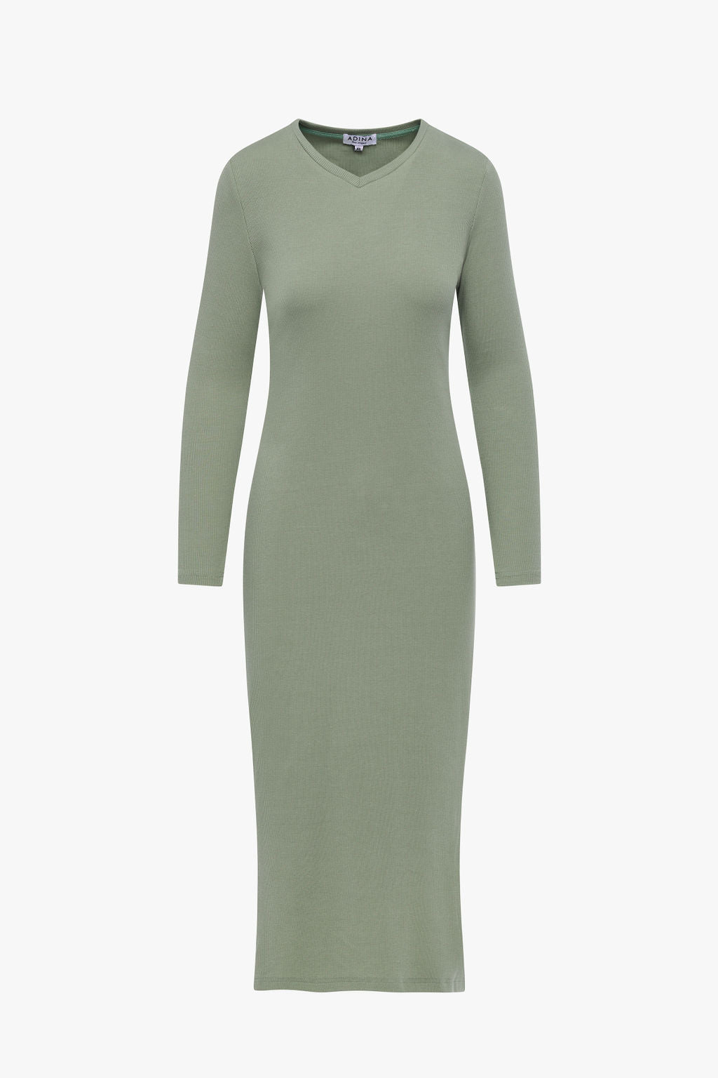 Ribbed V-Neck T-Shirt Dress- Sage