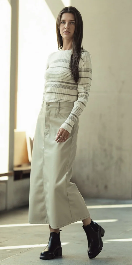Cream Leather Skirt by Profile NYC shown on model