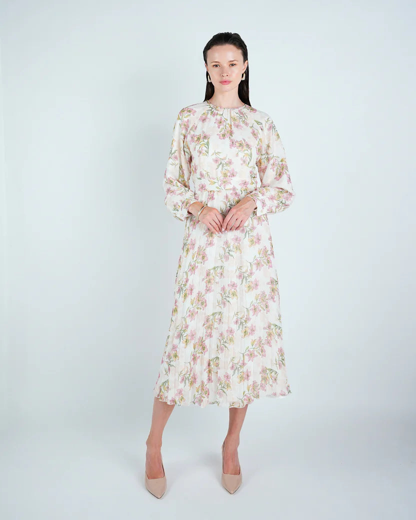 DR4068 Chiffon Floral Waisted Midi Dress