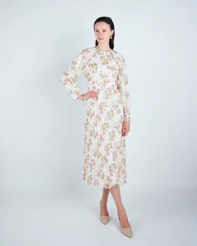 DR4068 Chiffon Floral Waisted Midi Dress