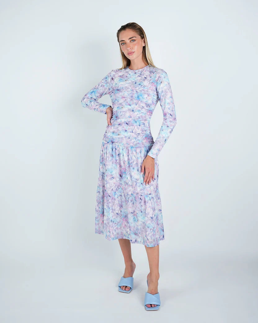 DR4071 Mesh Floral Ruched Midi Dress