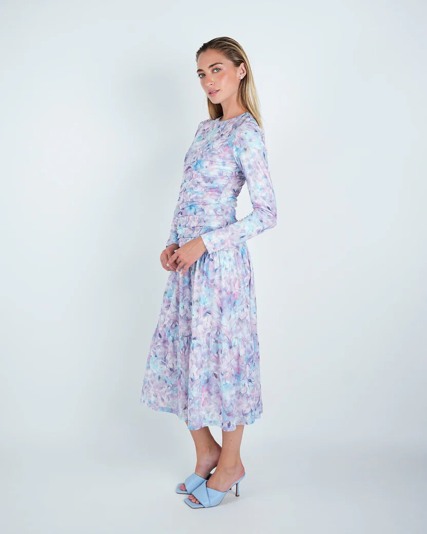 DR4071 Mesh Floral Ruched Midi Dress