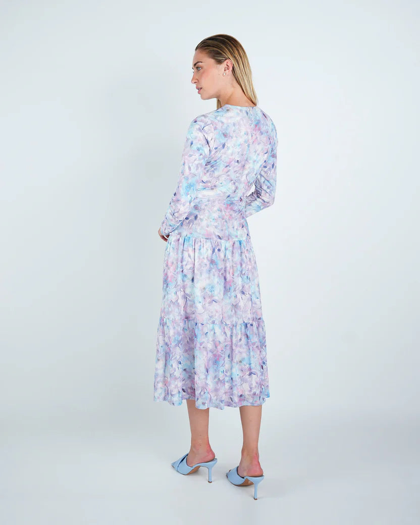 DR4071 Mesh Floral Ruched Midi Dress