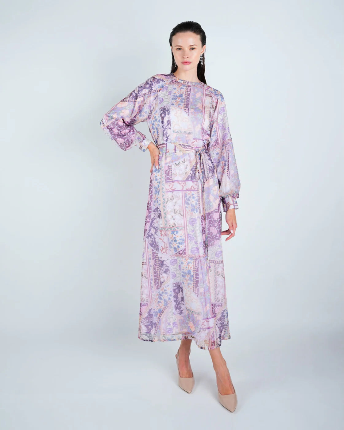 DR4075 Organza Printed Puff Sleeve Maxi Dress