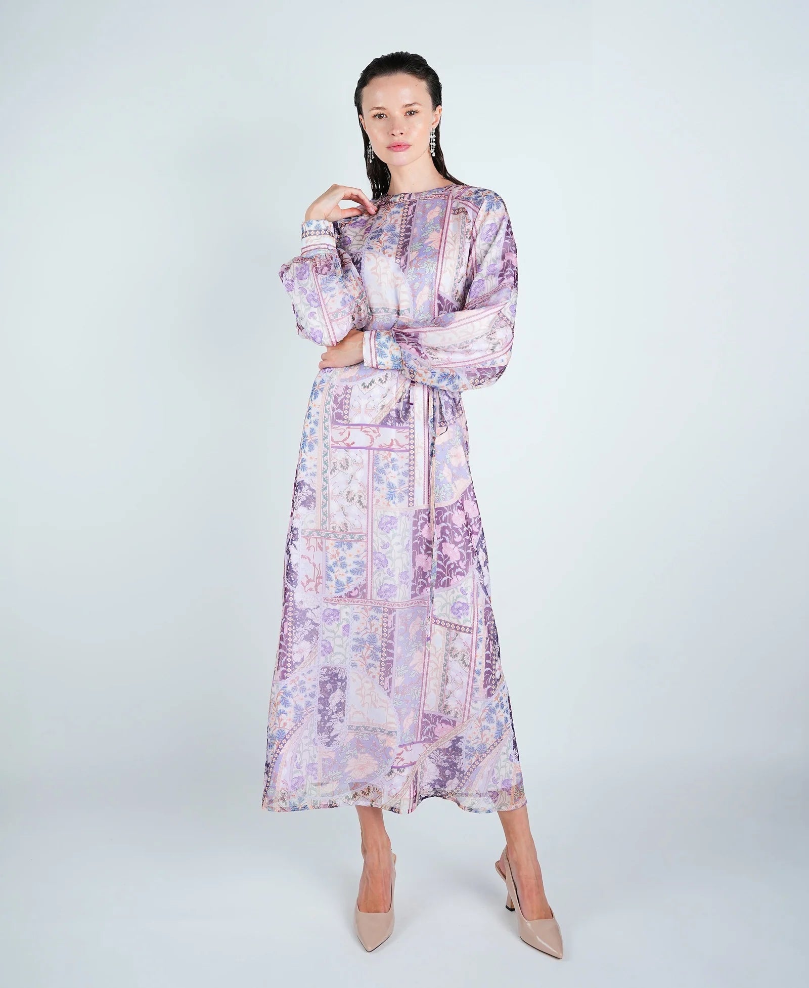 DR4075 Organza Printed Puff Sleeve Maxi Dress