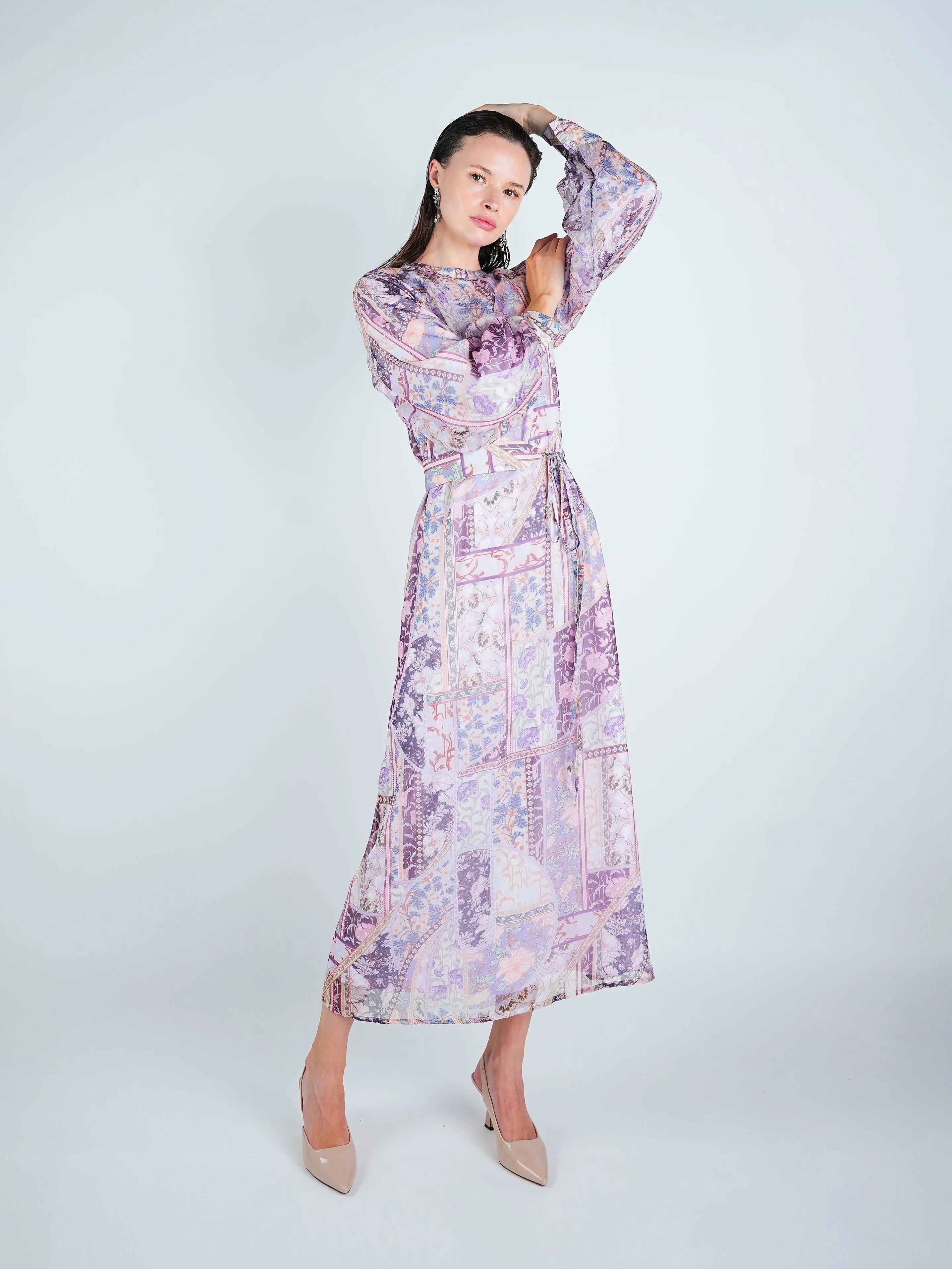 DR4075 Organza Printed Puff Sleeve Maxi Dress