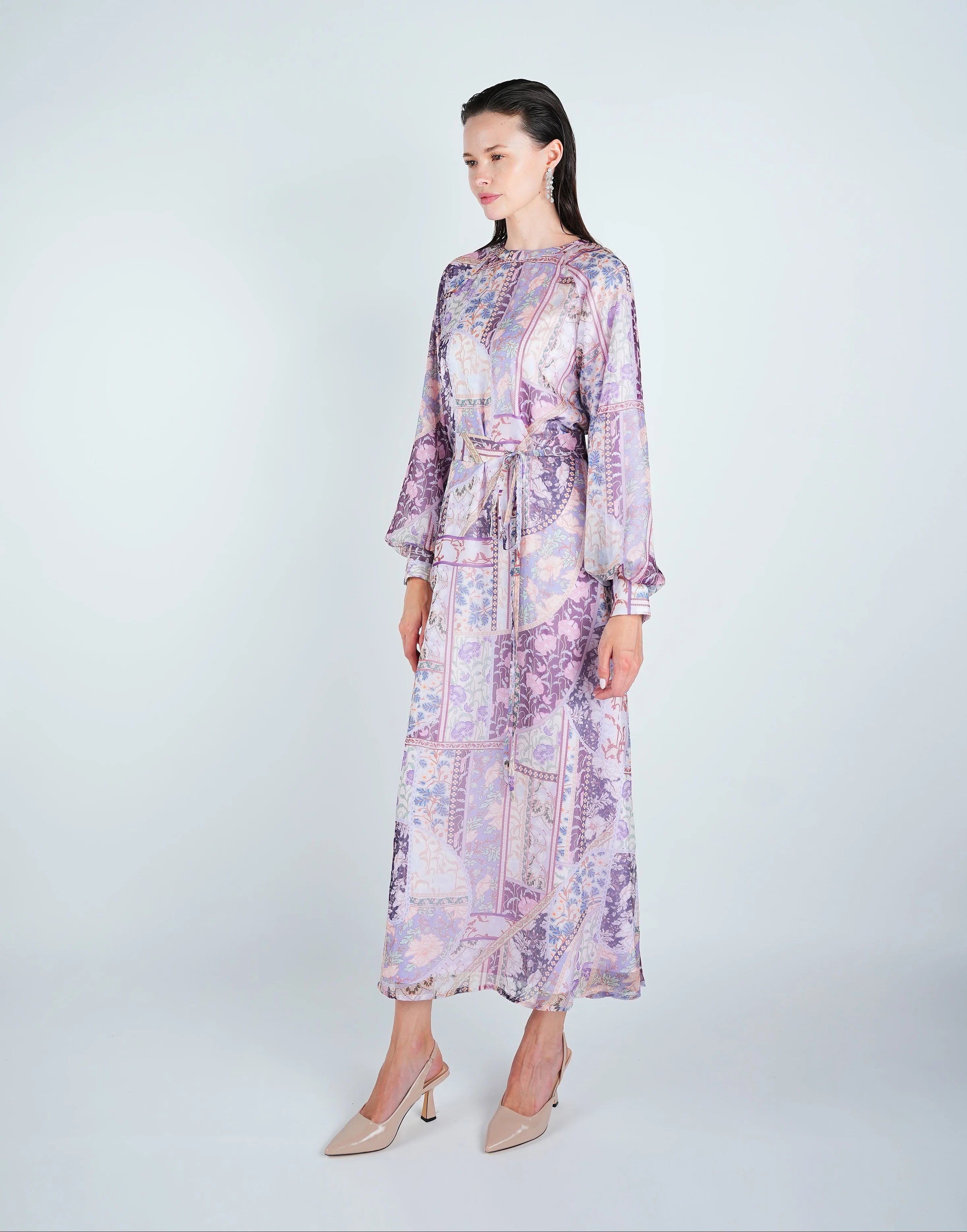 DR4075 Organza Printed Puff Sleeve Maxi Dress