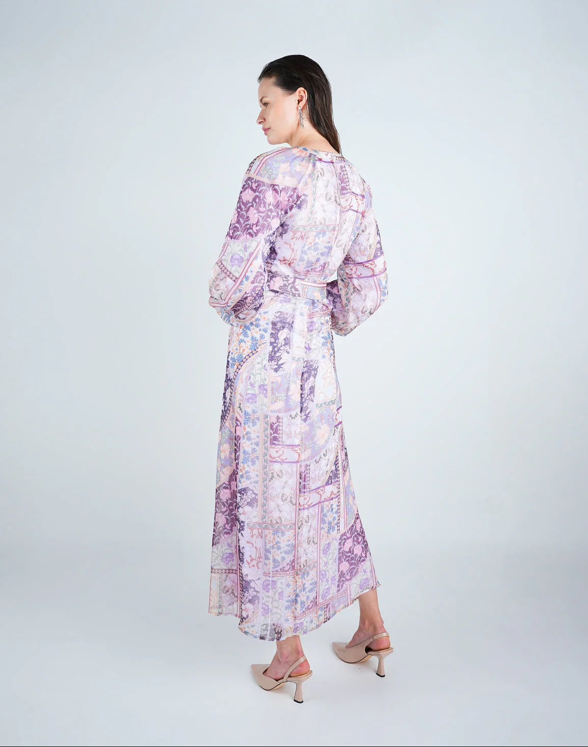 DR4075 Organza Printed Puff Sleeve Maxi Dress