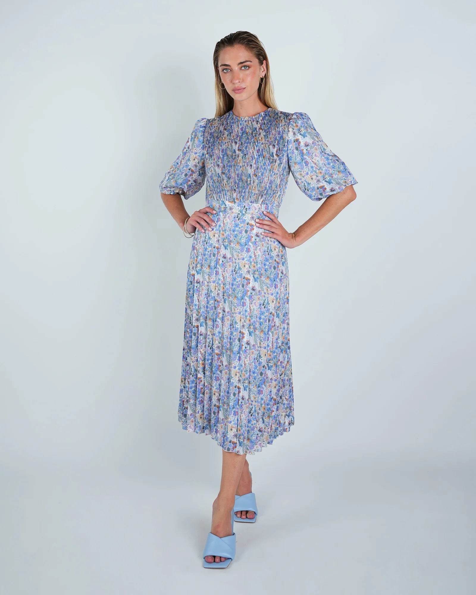DR4087 Multi Floral Pleated Midi Dress