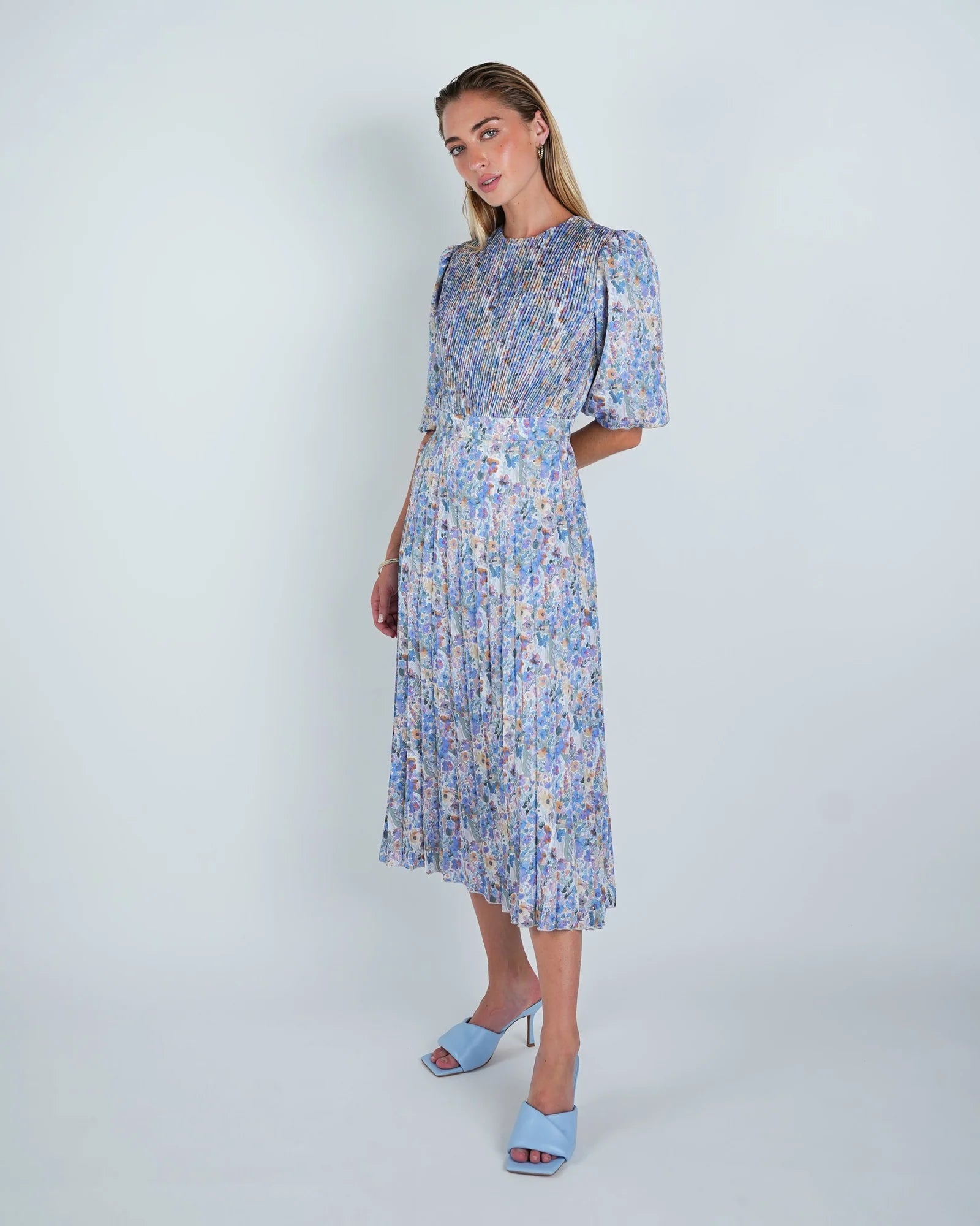 DR4087 Multi Floral Pleated Midi Dress