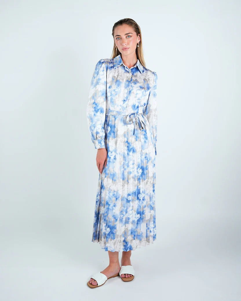DR4093 Satin Printed Pleated Shirt Dress