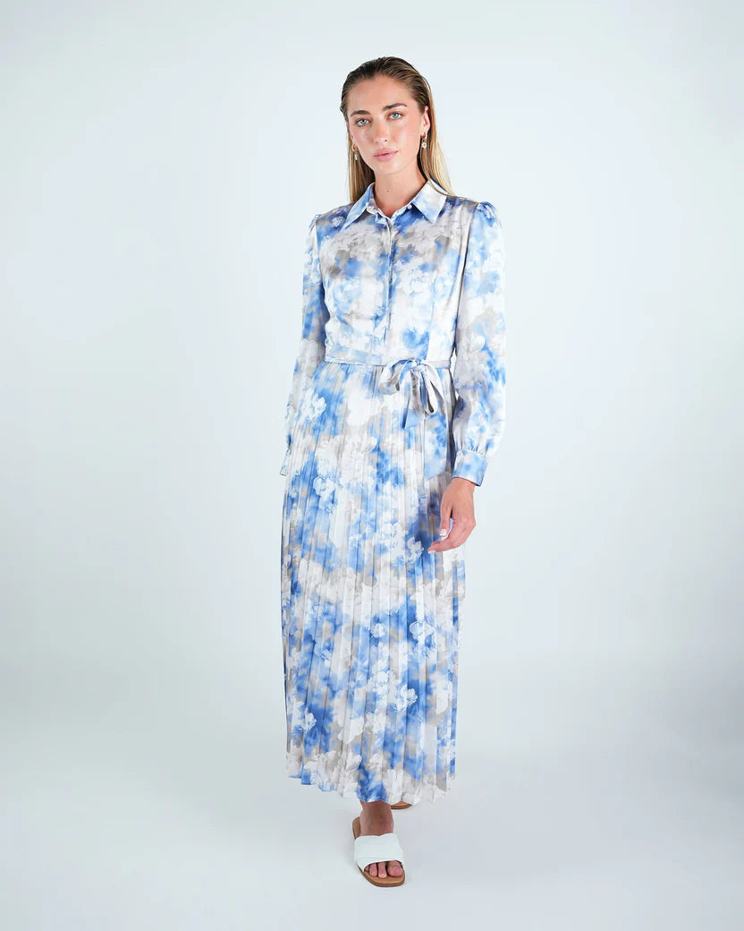 DR4093 Satin Printed Pleated Shirt Dress