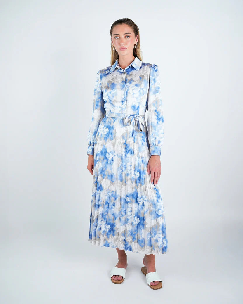 DR4093 Satin Printed Pleated Shirt Dress