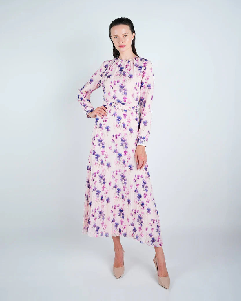 DR4101 Chiffon Floral Pleated Maxi Dress