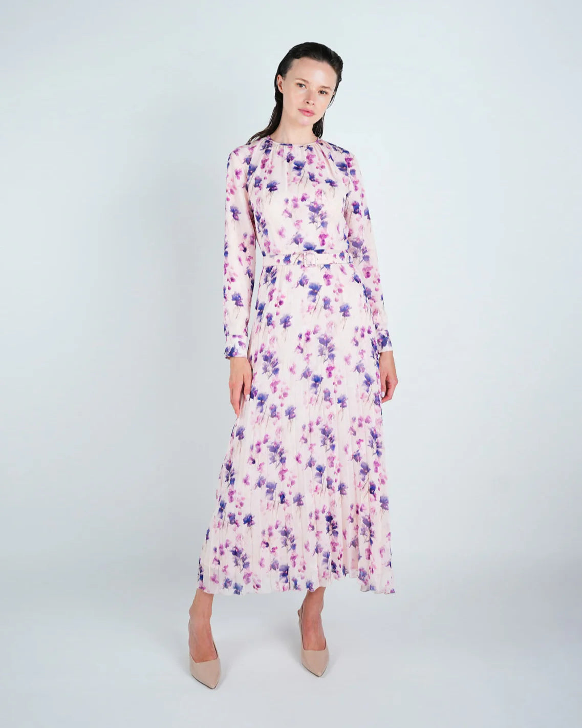DR4101 Chiffon Floral Pleated Maxi Dress