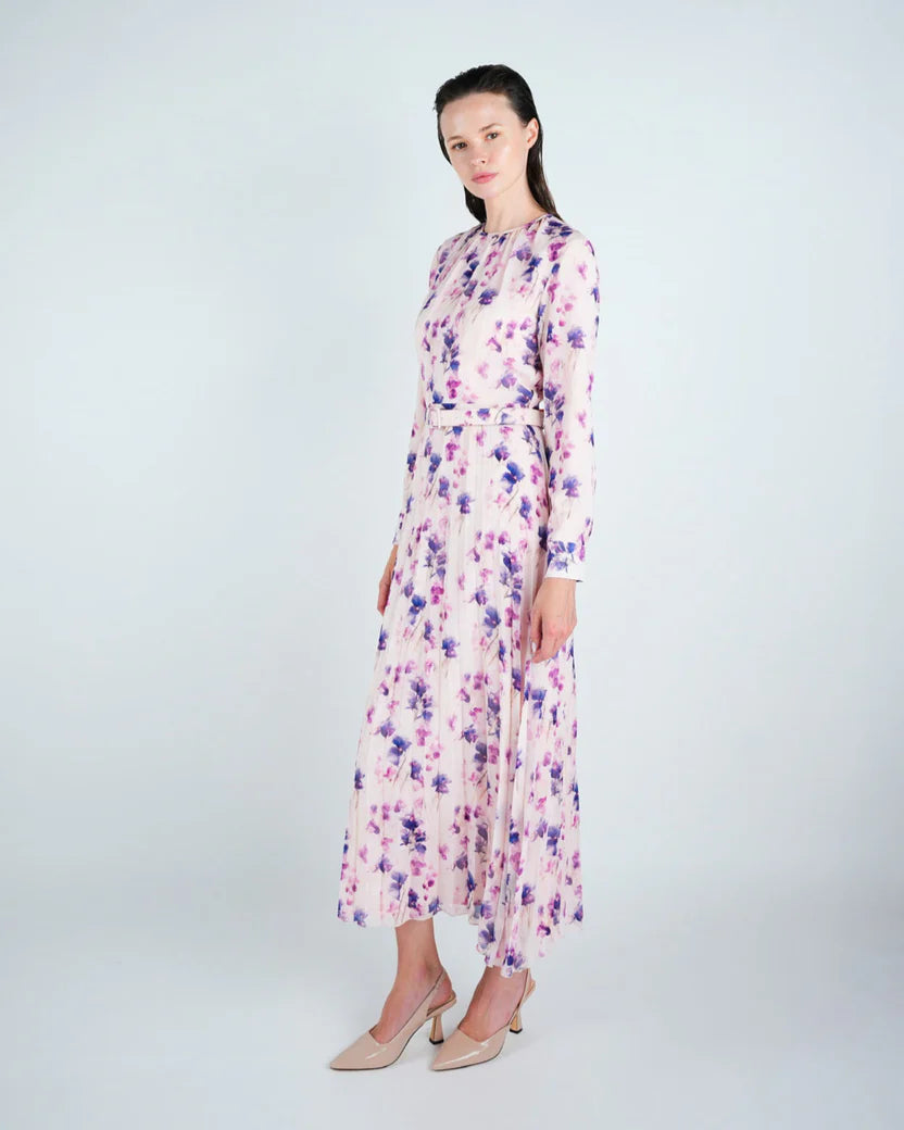 DR4101 Chiffon Floral Pleated Maxi Dress
