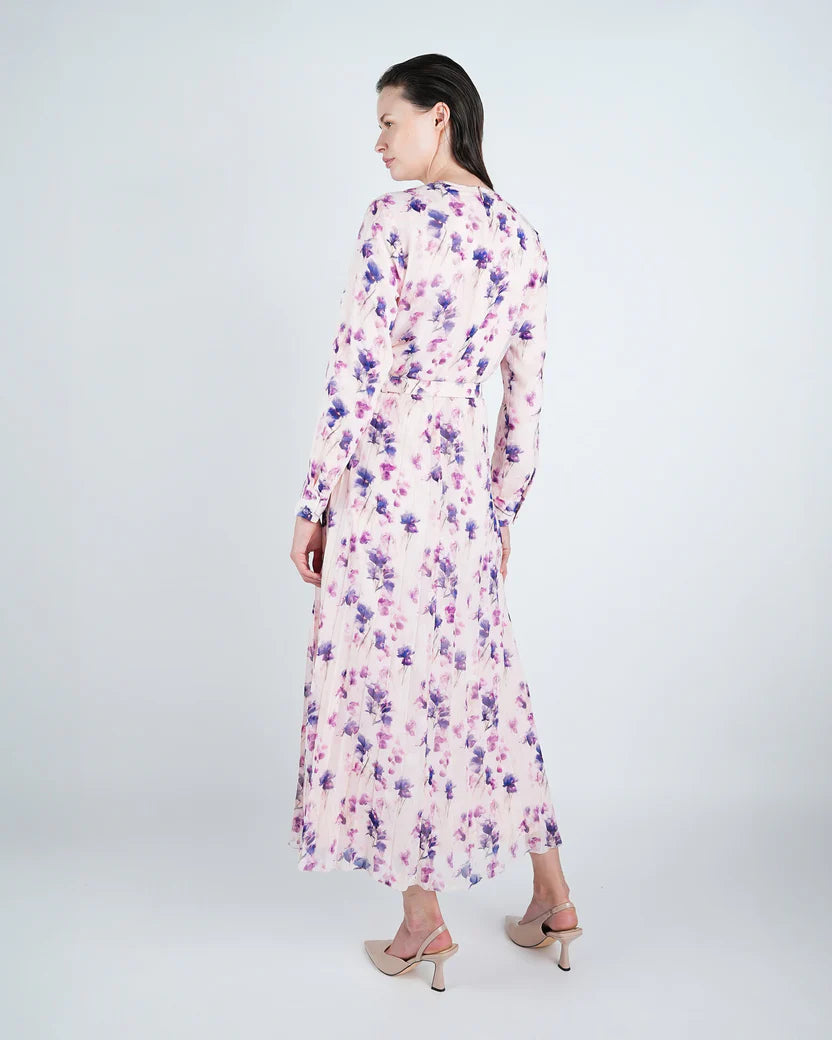 DR4101 Chiffon Floral Pleated Maxi Dress