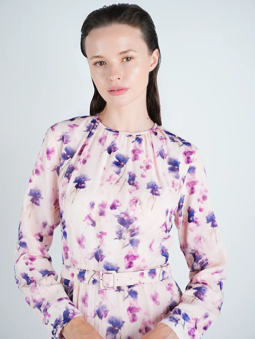 DR4101 Chiffon Floral Pleated Maxi Dress