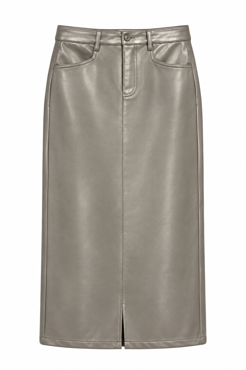 Gray metallic leather skirt with front slit on white studio background