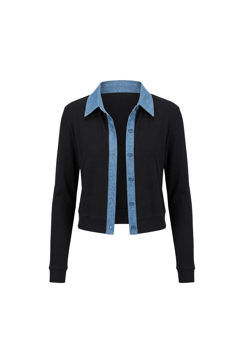 Denim Ribbed Cardigan - Navy