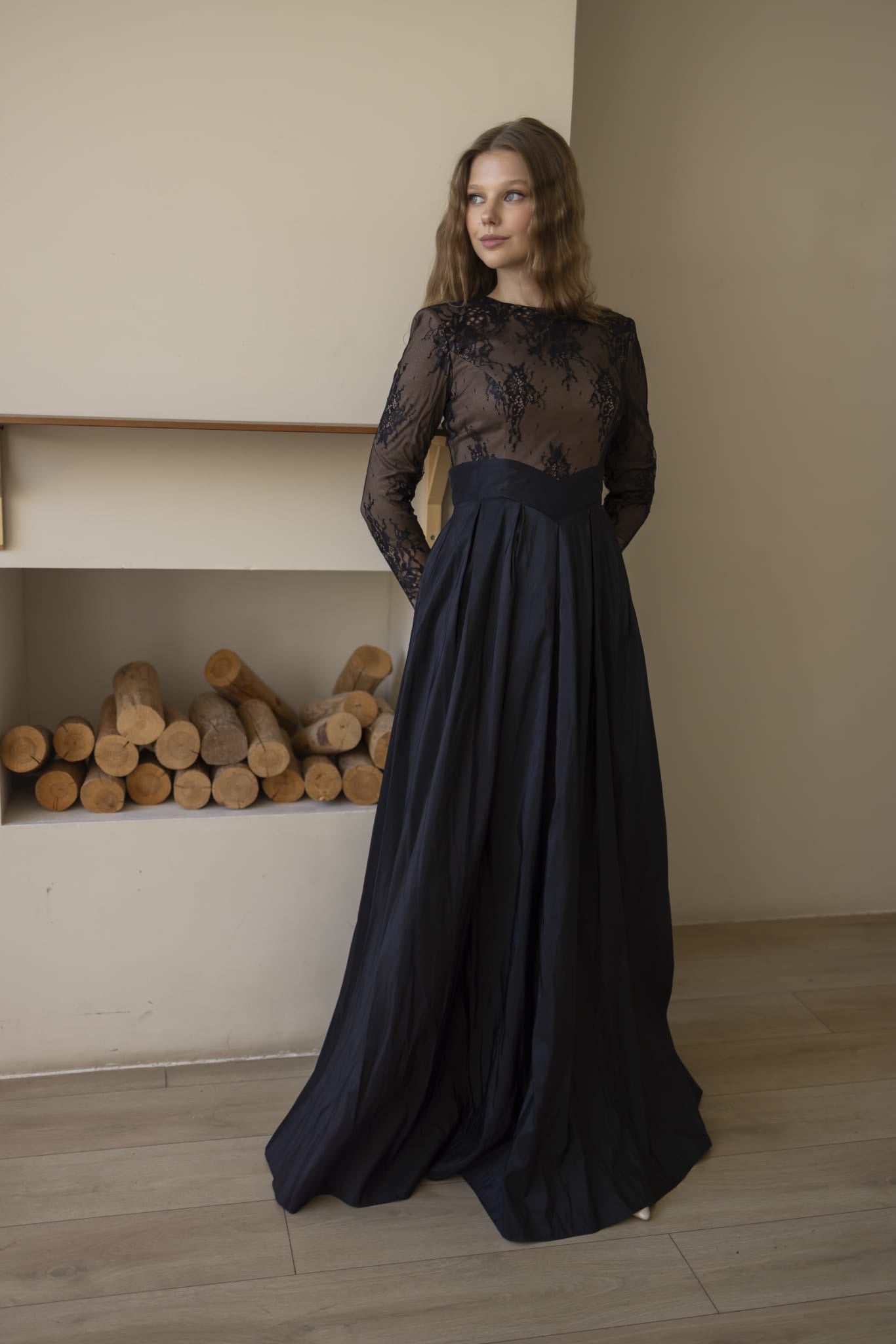 Lace Detail Evening Gown - Black