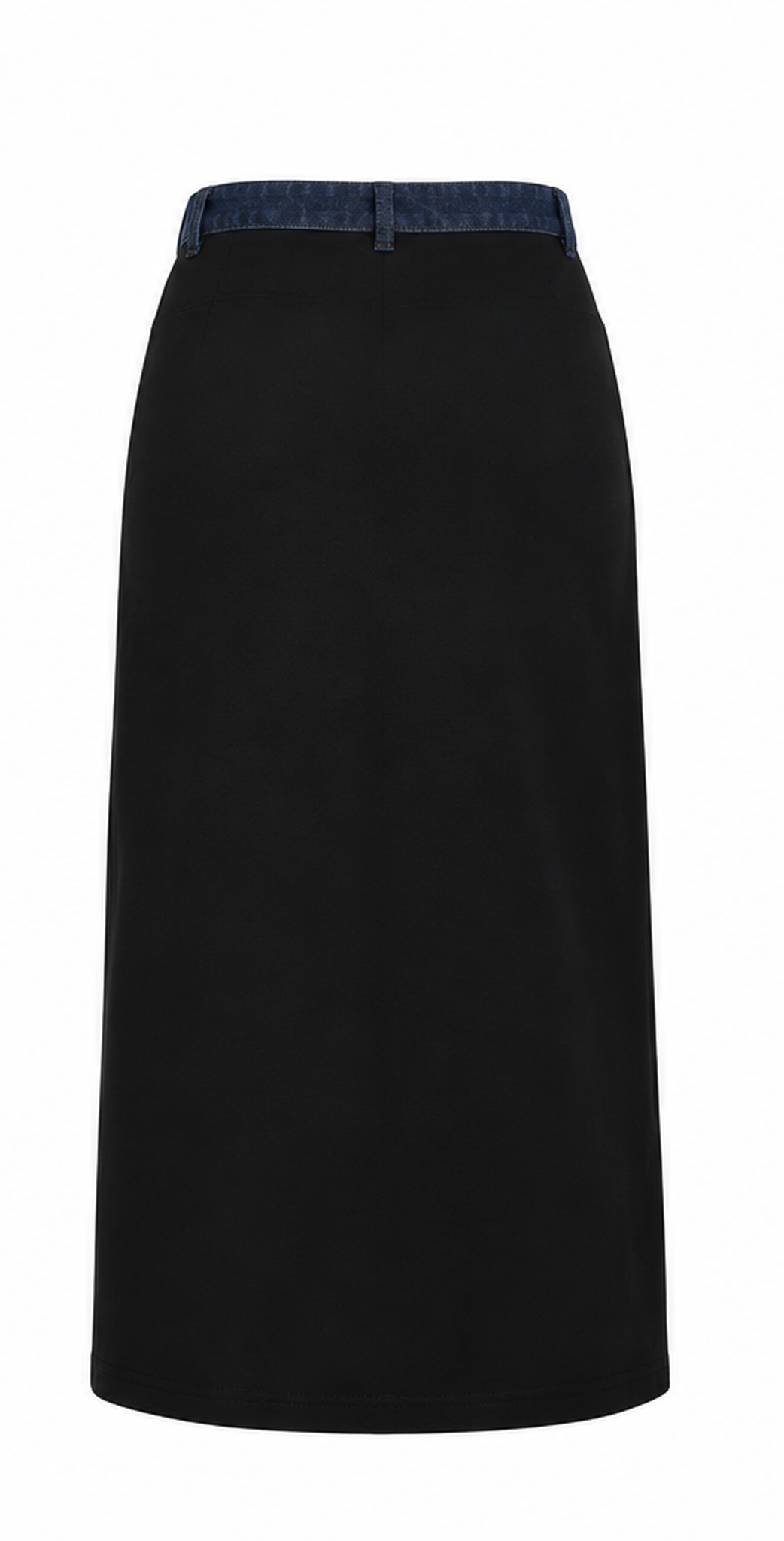 Jessie Skirt black back panel and denim waistband on white background