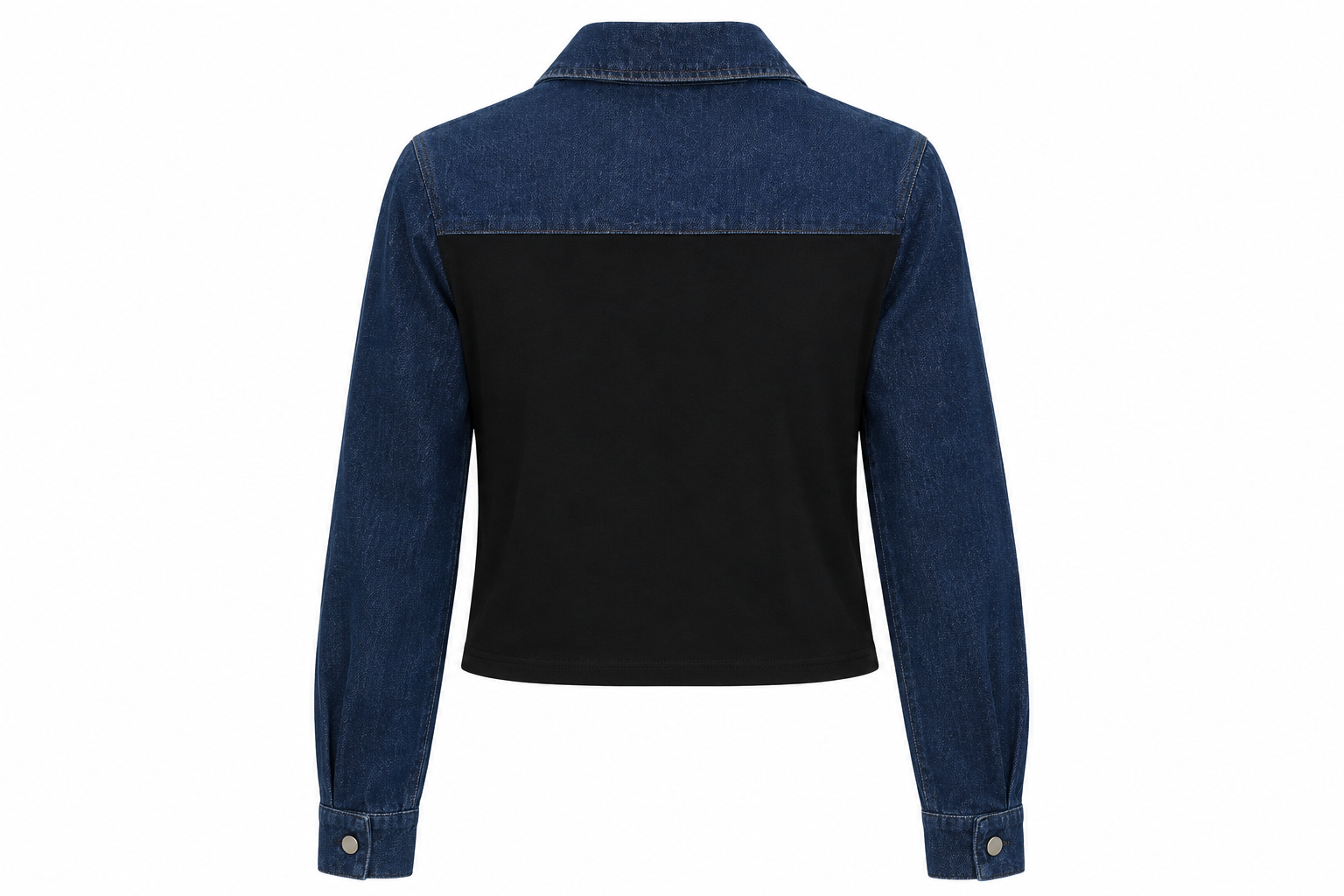 Back of Jessie Top by Luum with black back panel and dark denim sleeves on white background